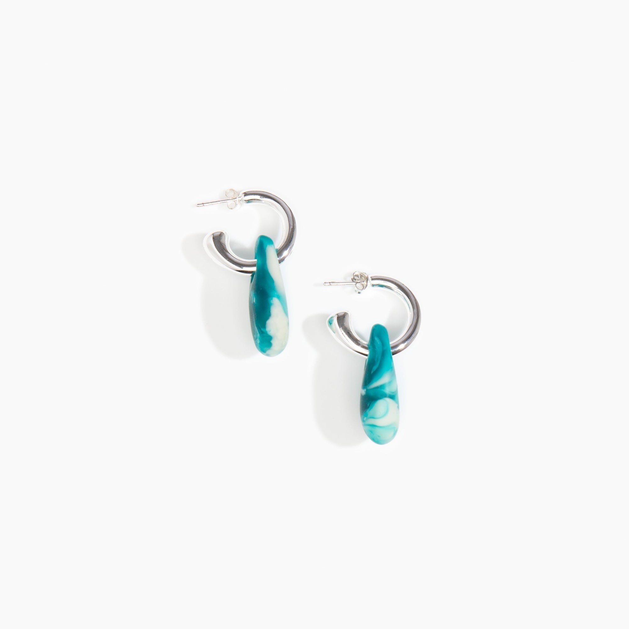 Dinosaur Designs Small Rock Hoop Earrings in Lagoon Colour resin with Silver-Plated Brass Hoop Material.