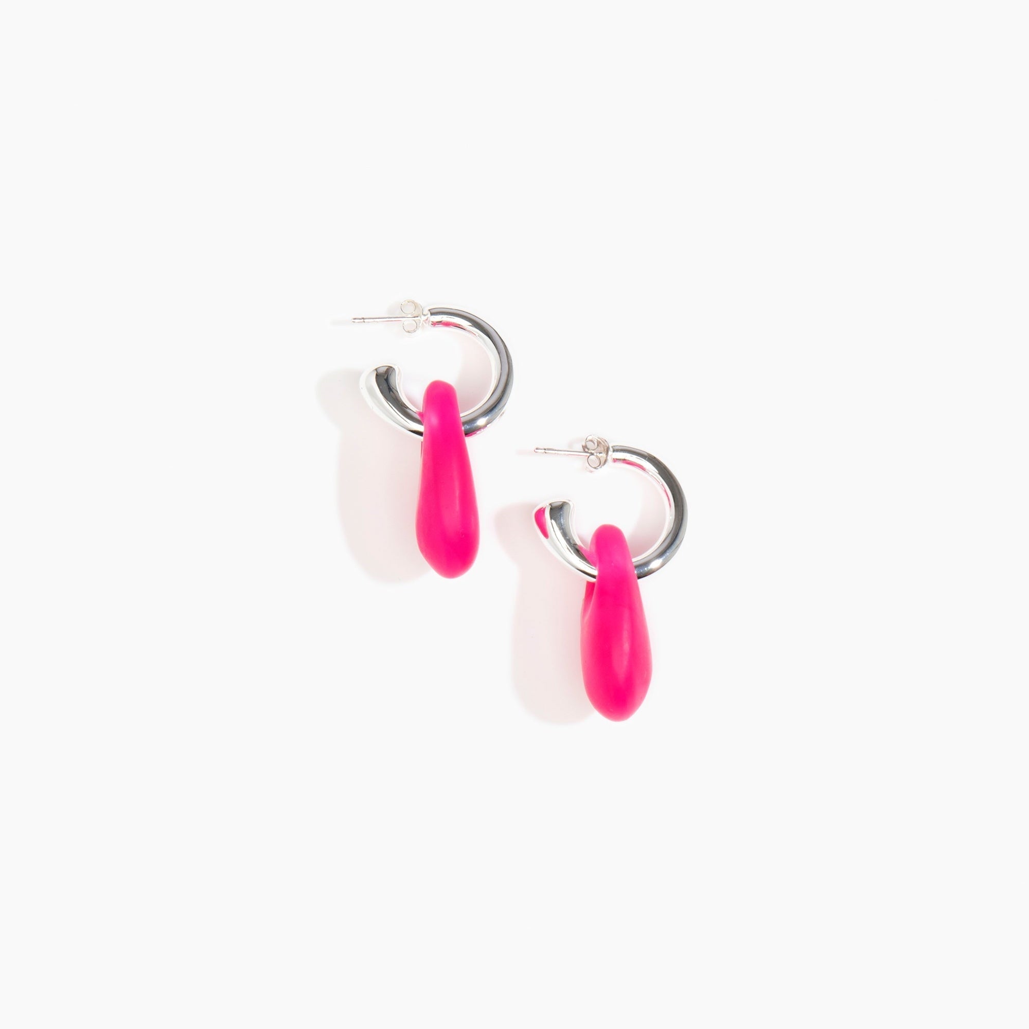 Dinosaur Designs Small Rock Hoop Earrings in Flamingo Colour resin with Silver-Plated Brass Hoop Material.