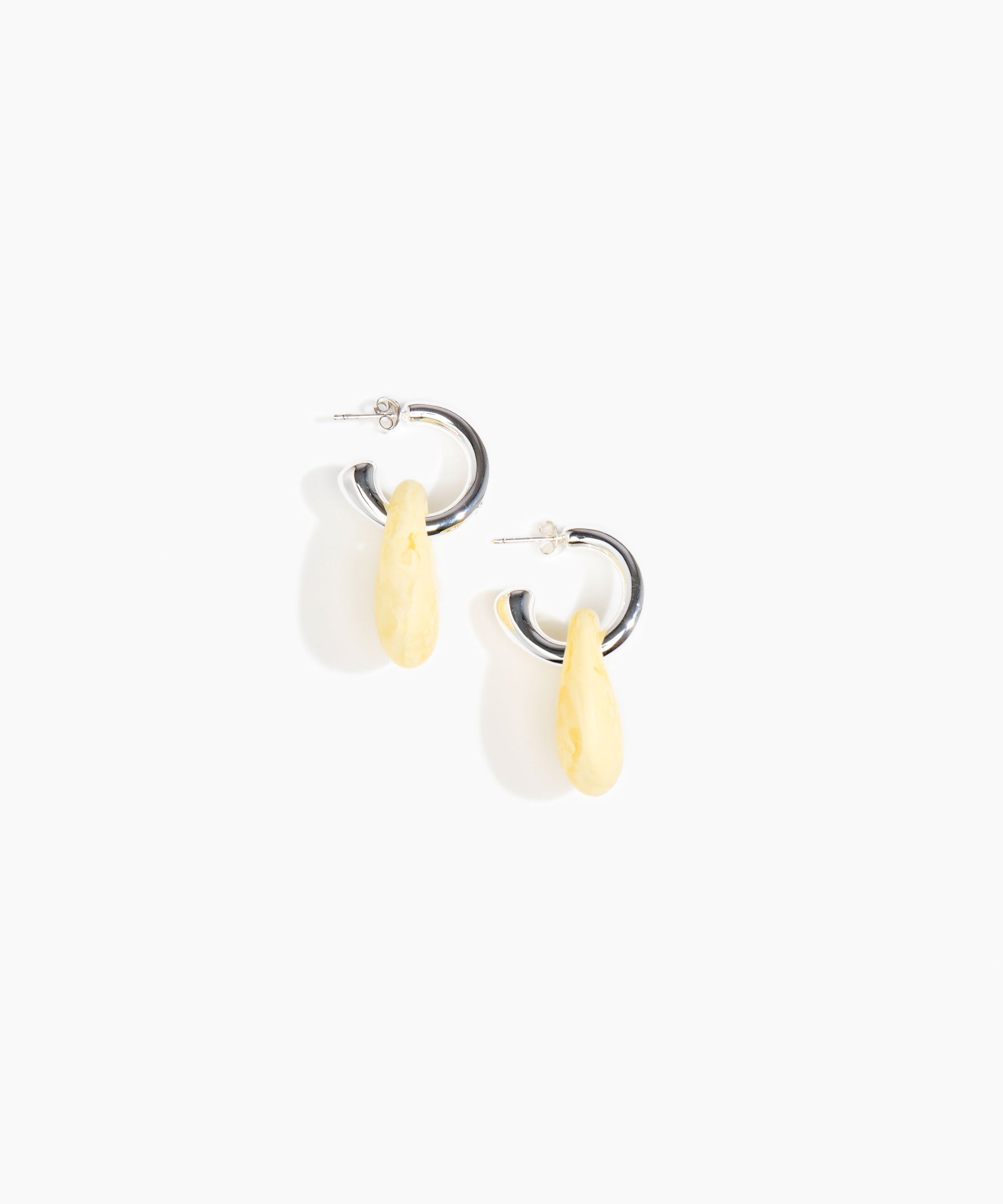 Dinosaur Designs Small Rock Hoop Earrings in Lemon Colour resin with Silver-Plated Brass Hoop Material.
