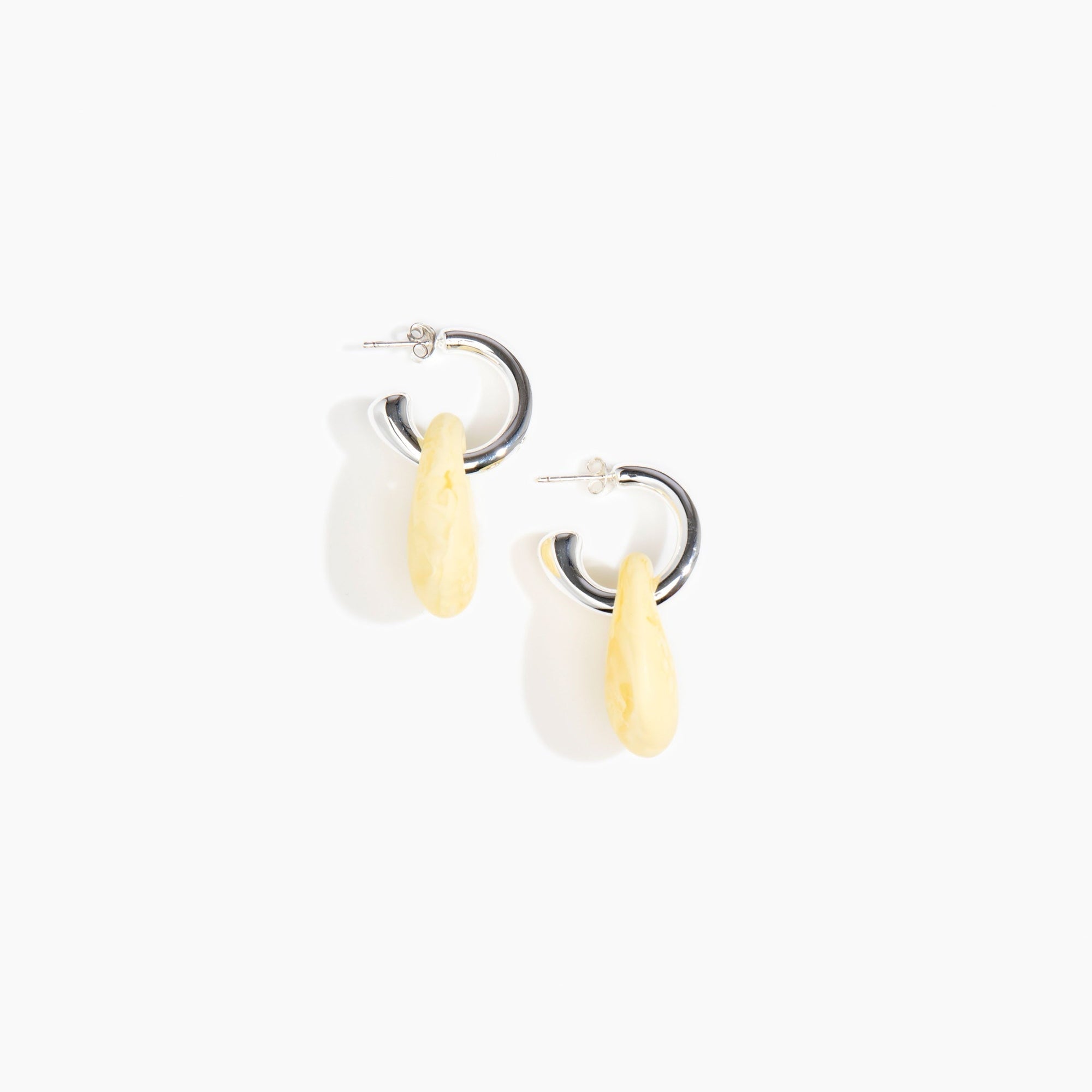 Dinosaur Designs Small Rock Hoop Earrings in Lemon Colour resin with Silver-Plated Brass Hoop Material.