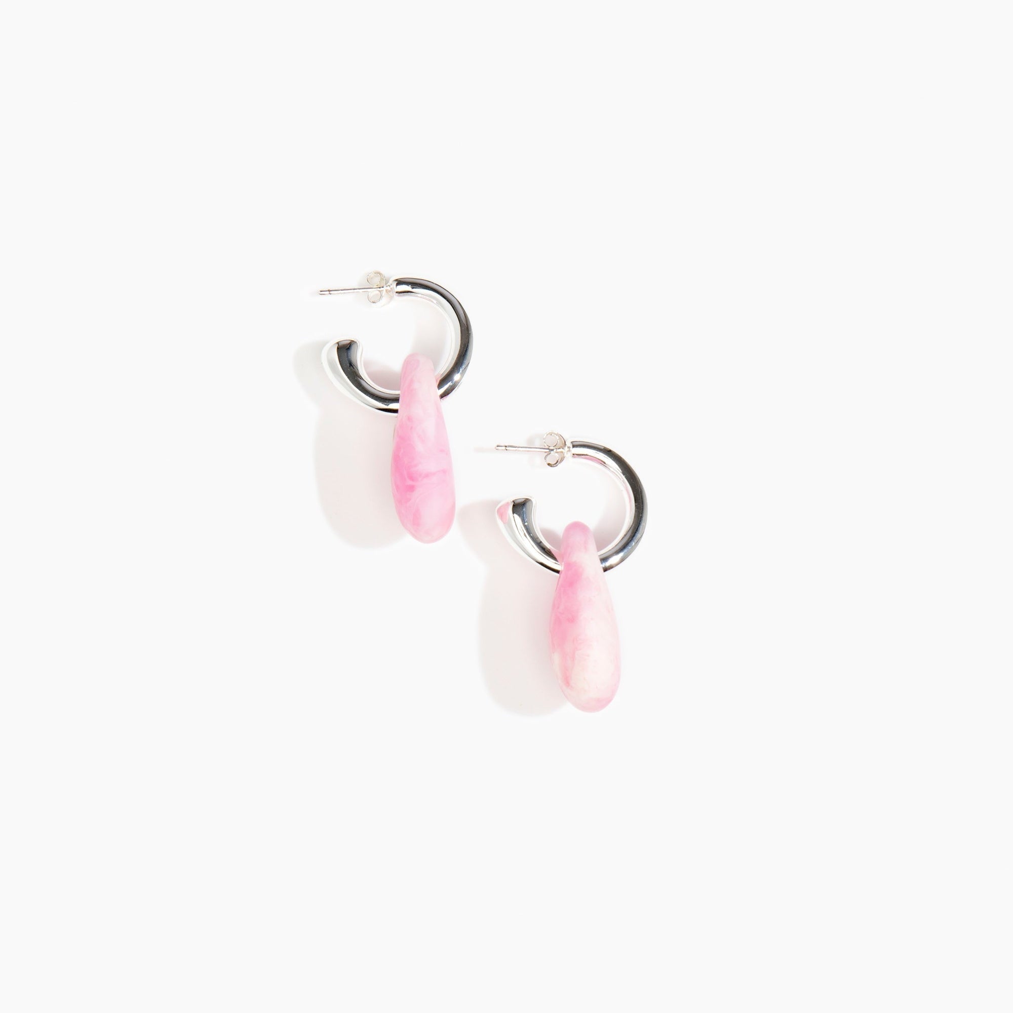 Dinosaur Designs Small Rock Hoop Earrings in Shell Pink Colour resin with Silver-Plated Brass Hoop Material.
