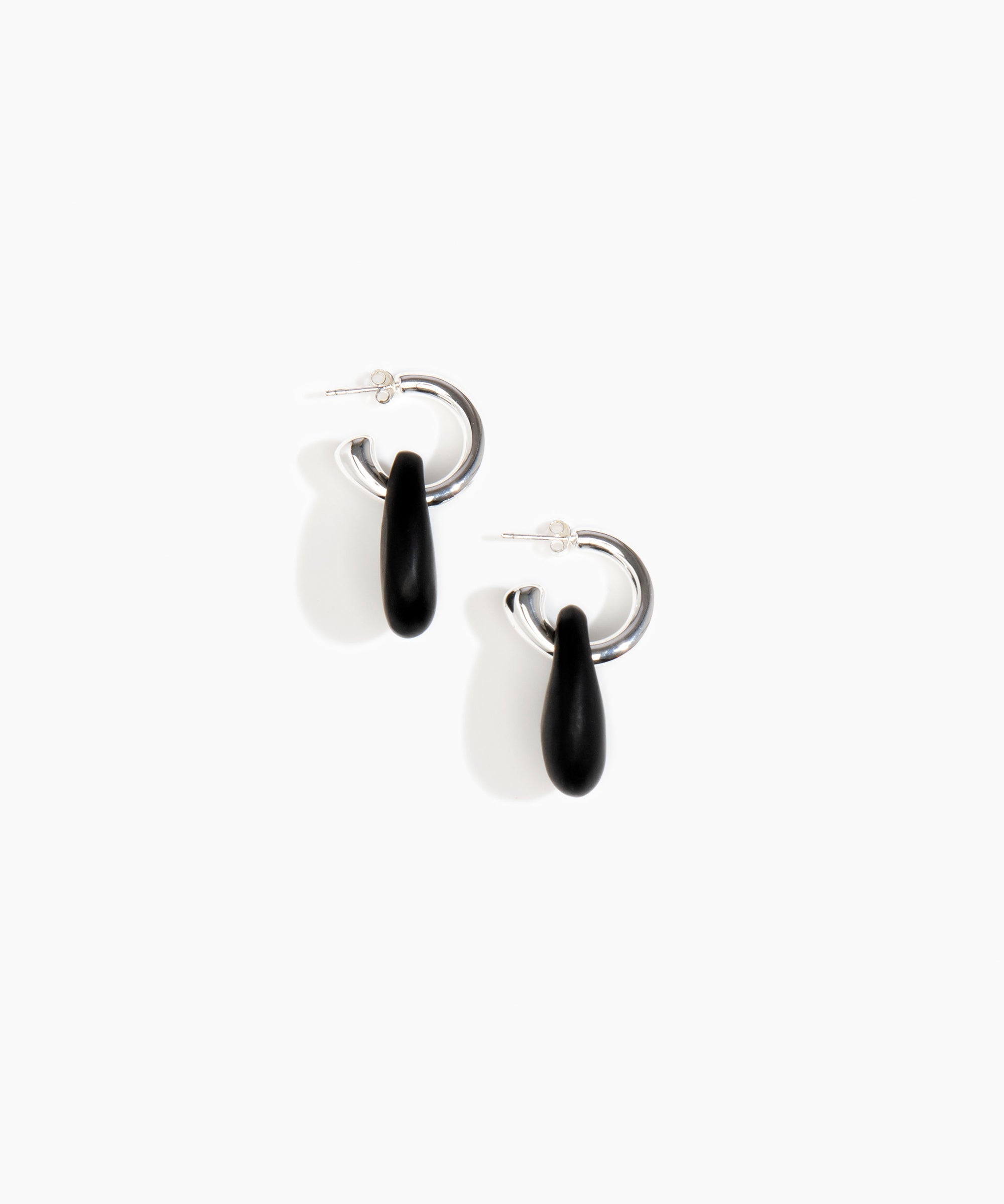 Dinosaur Designs Small Rock Hoop Earrings in Black Colour resin with Silver-Plated Brass Hoop Material