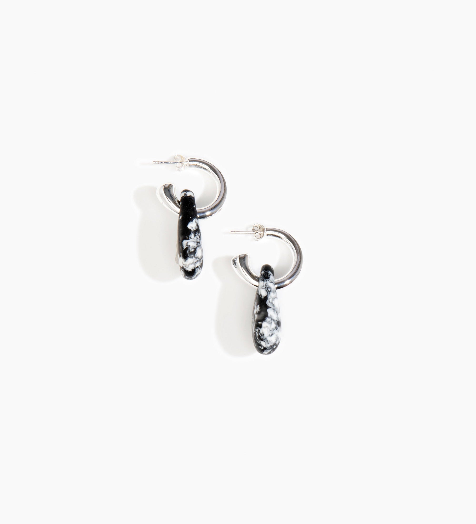 Dinosaur Designs Small Rock Hoop Earrings Earrings in Black Marble Colour resin with Silver-Plated Brass Hoop Material