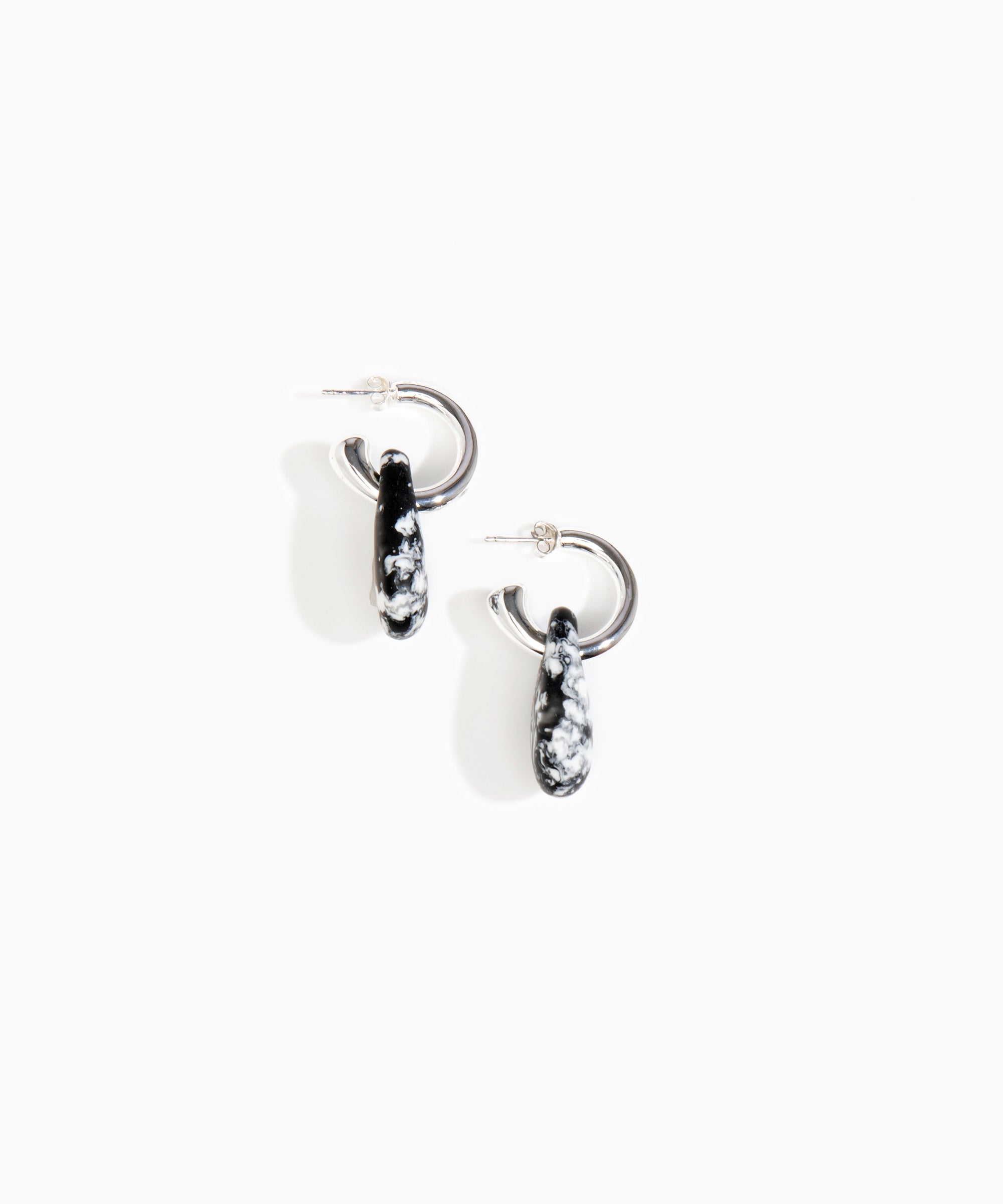 Dinosaur Designs Small Rock Hoop Earrings in Black Marble Colour resin with Silver-Plated Brass Hoop Material