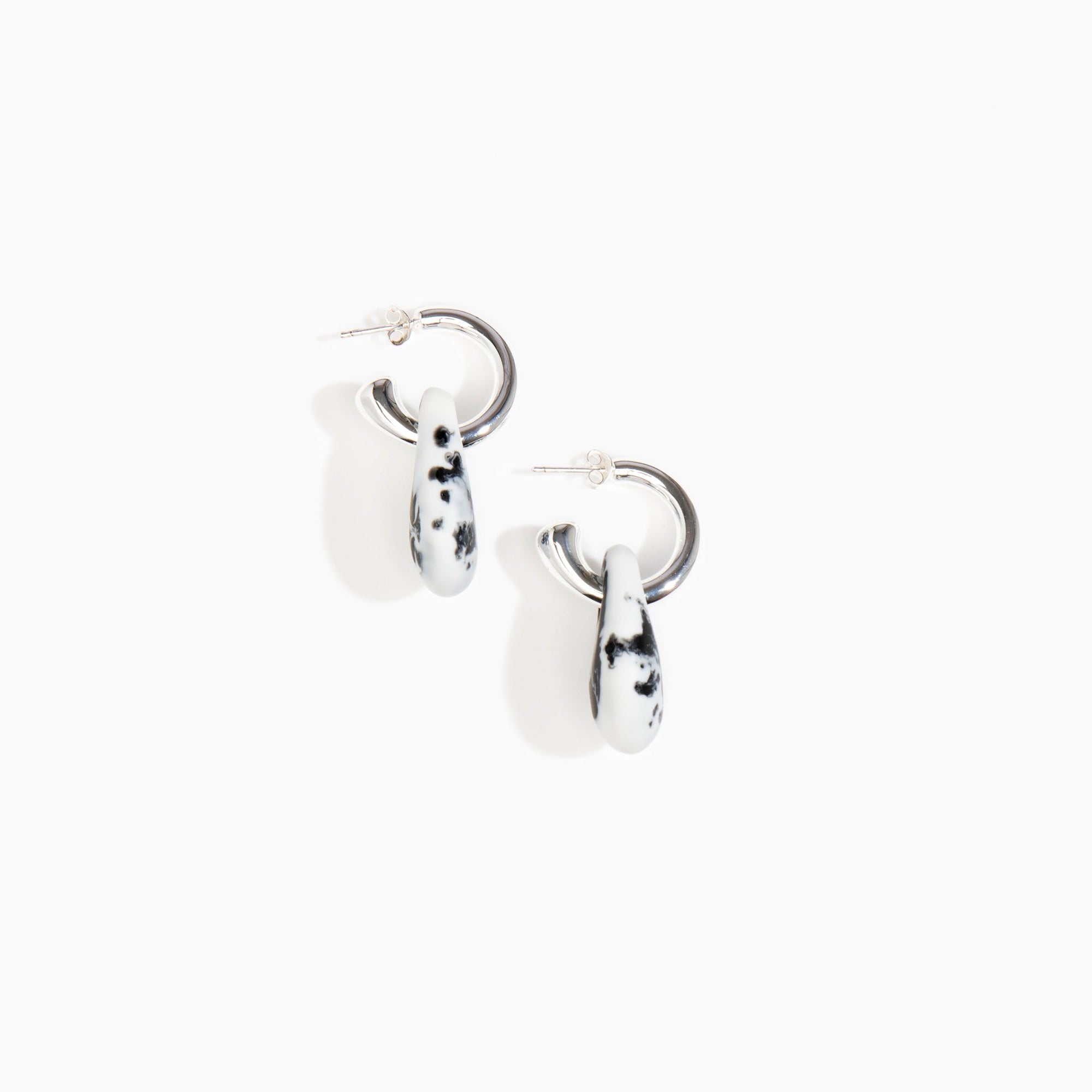 Dinosaur Designs Small Rock Hoop Earrings in White Marble Colour resin with Silver-Plated Brass Hoop Material.