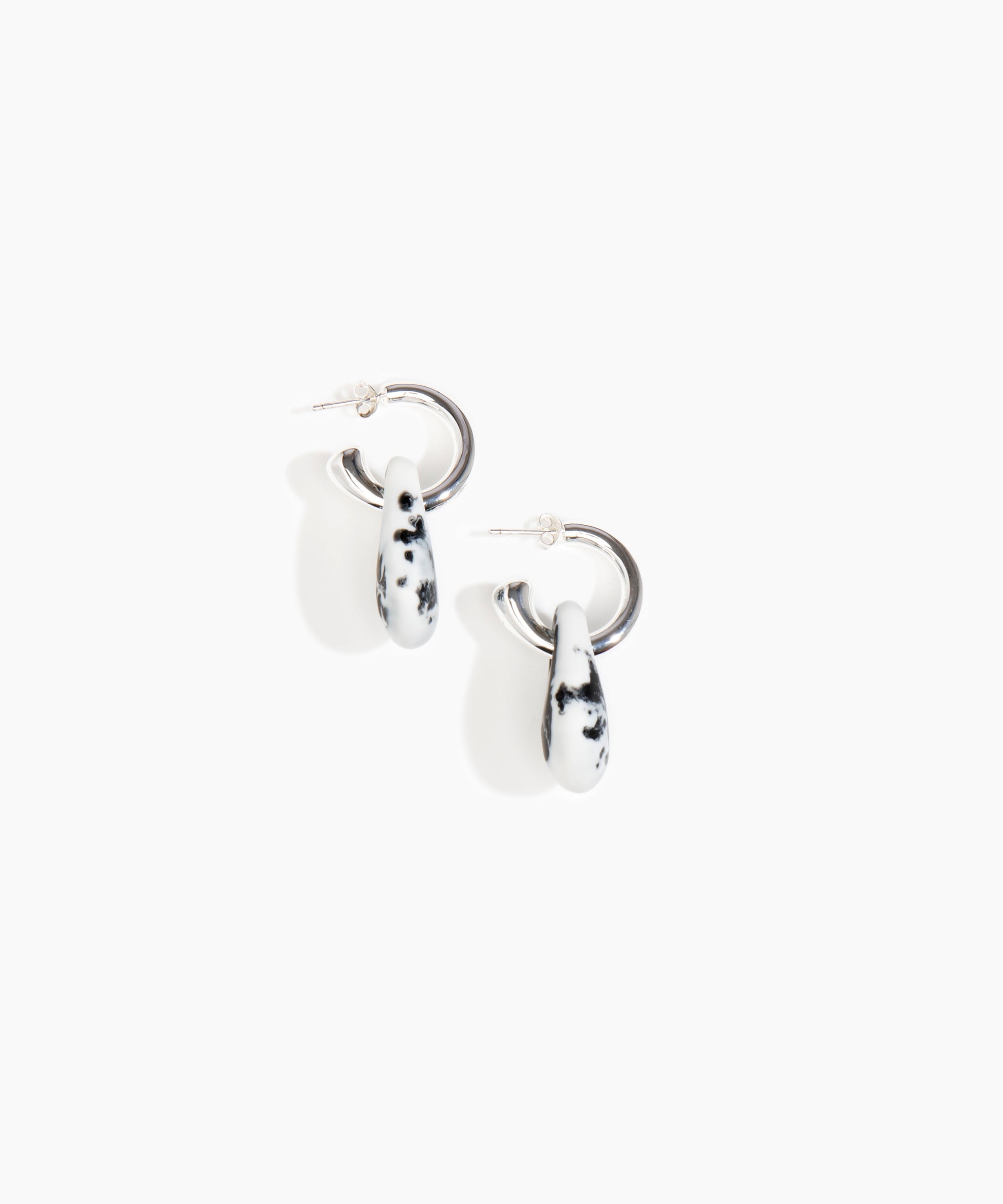 Dinosaur Designs Small Rock Hoop Earrings in White Marble Colour resin with Silver-Plated Brass Hoop Material.