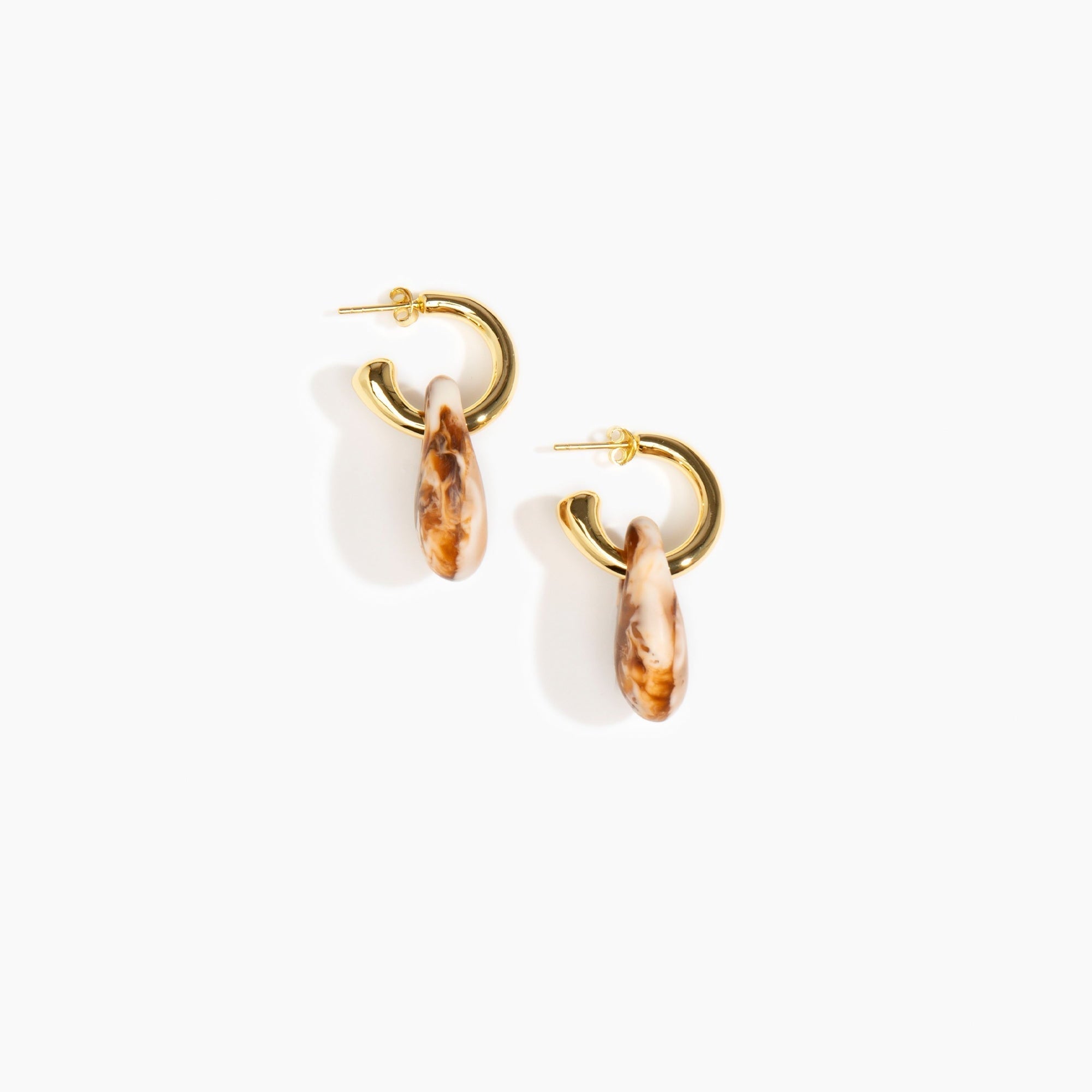 Dinosaur Designs Small Rock Hoop Earrings in Light Horn Colour resin with Brass Hoop Material.