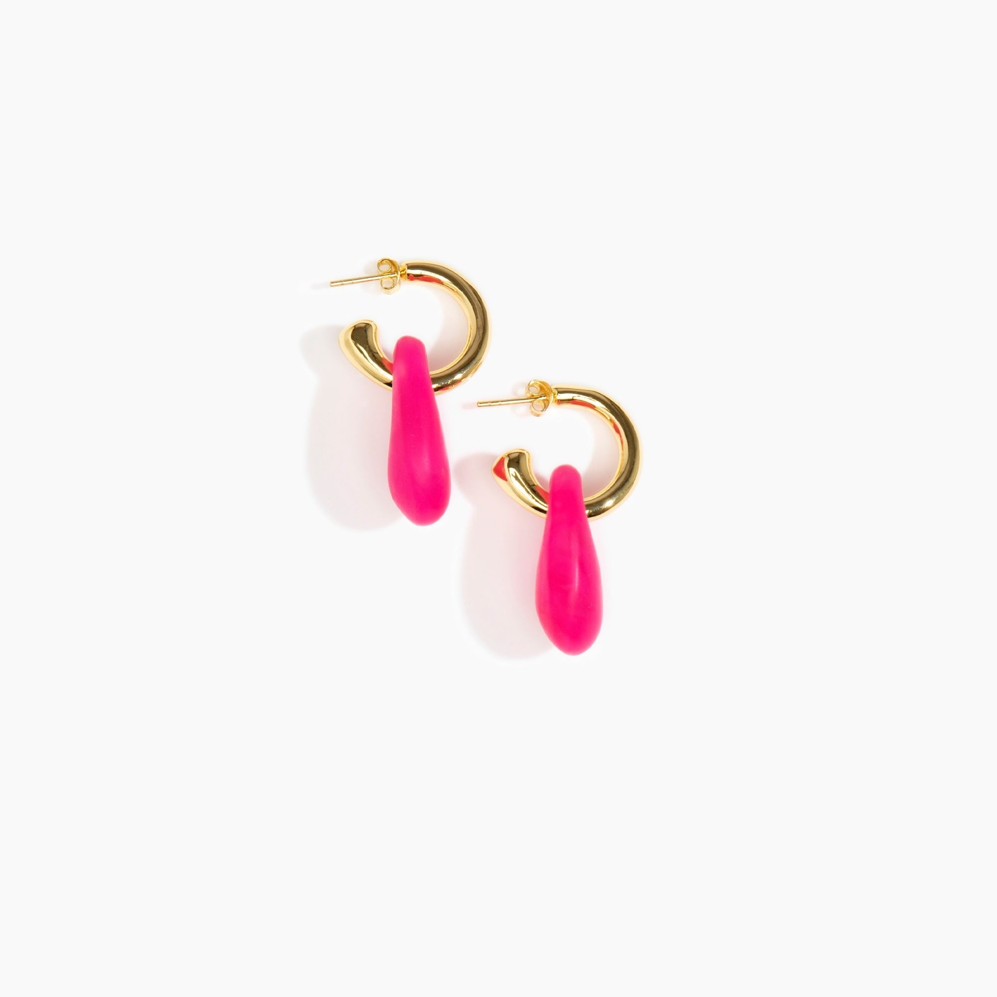 Dinosaur Designs Small Rock Hoop Earrings in Flamingo Colour resin with Brass Hoop Material.