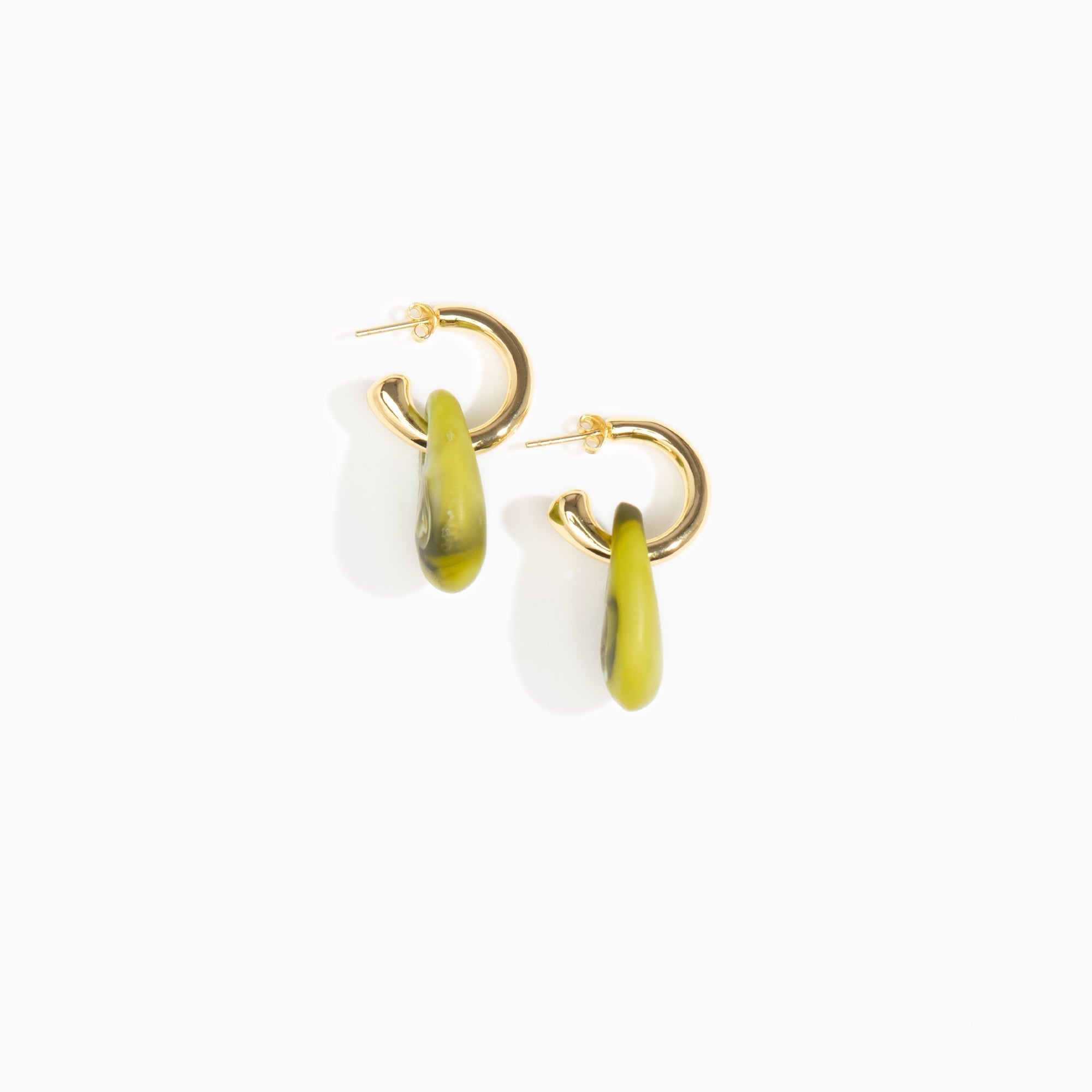 Dinosaur Designs Small Rock Hoop Earrings in Malachite Colour resin with Brass Hoop Material.