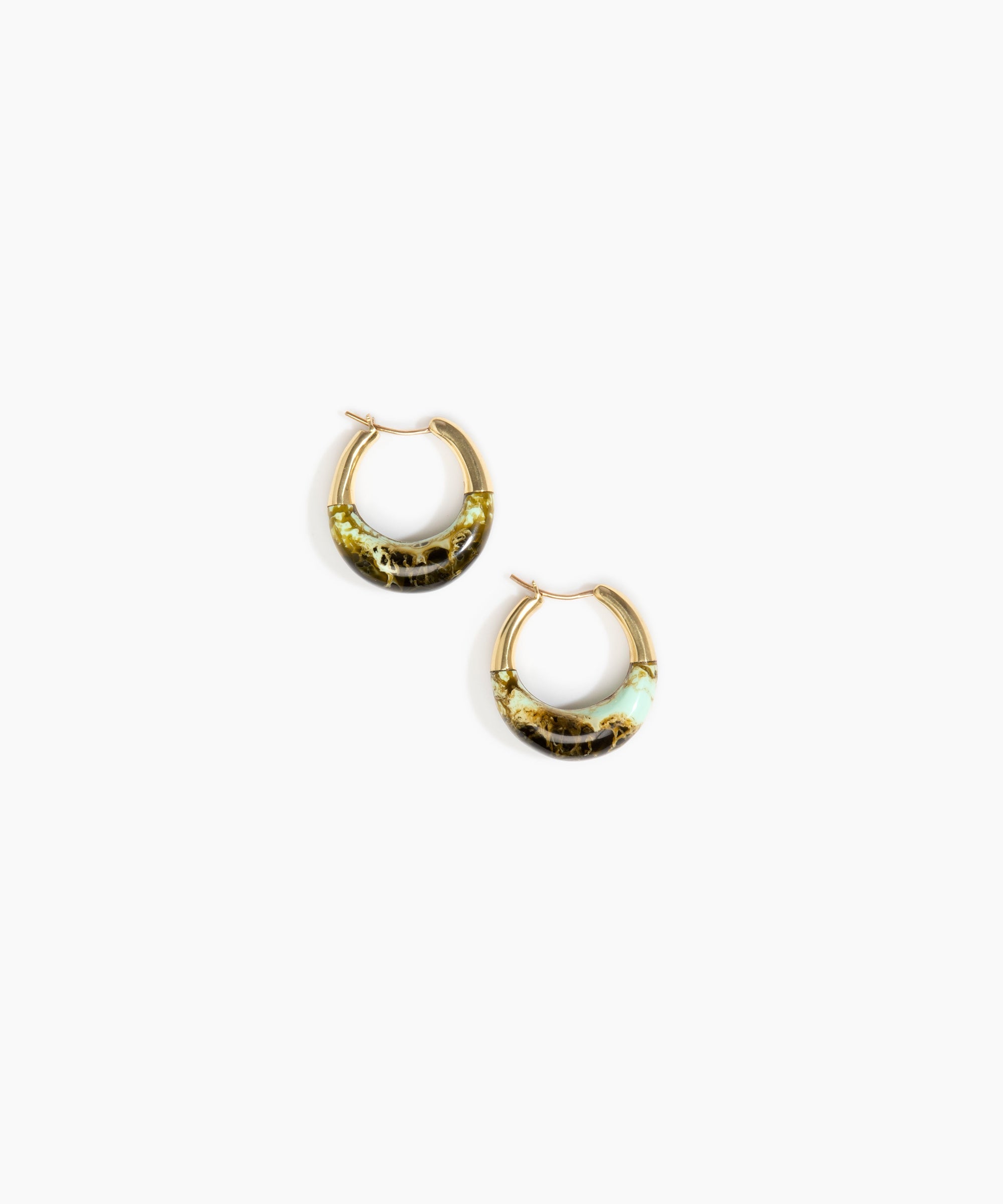 Dinosaur Designs Small Horn Hoop Earrings in Malachite Colour resin with Nano-Coated Brass Material..