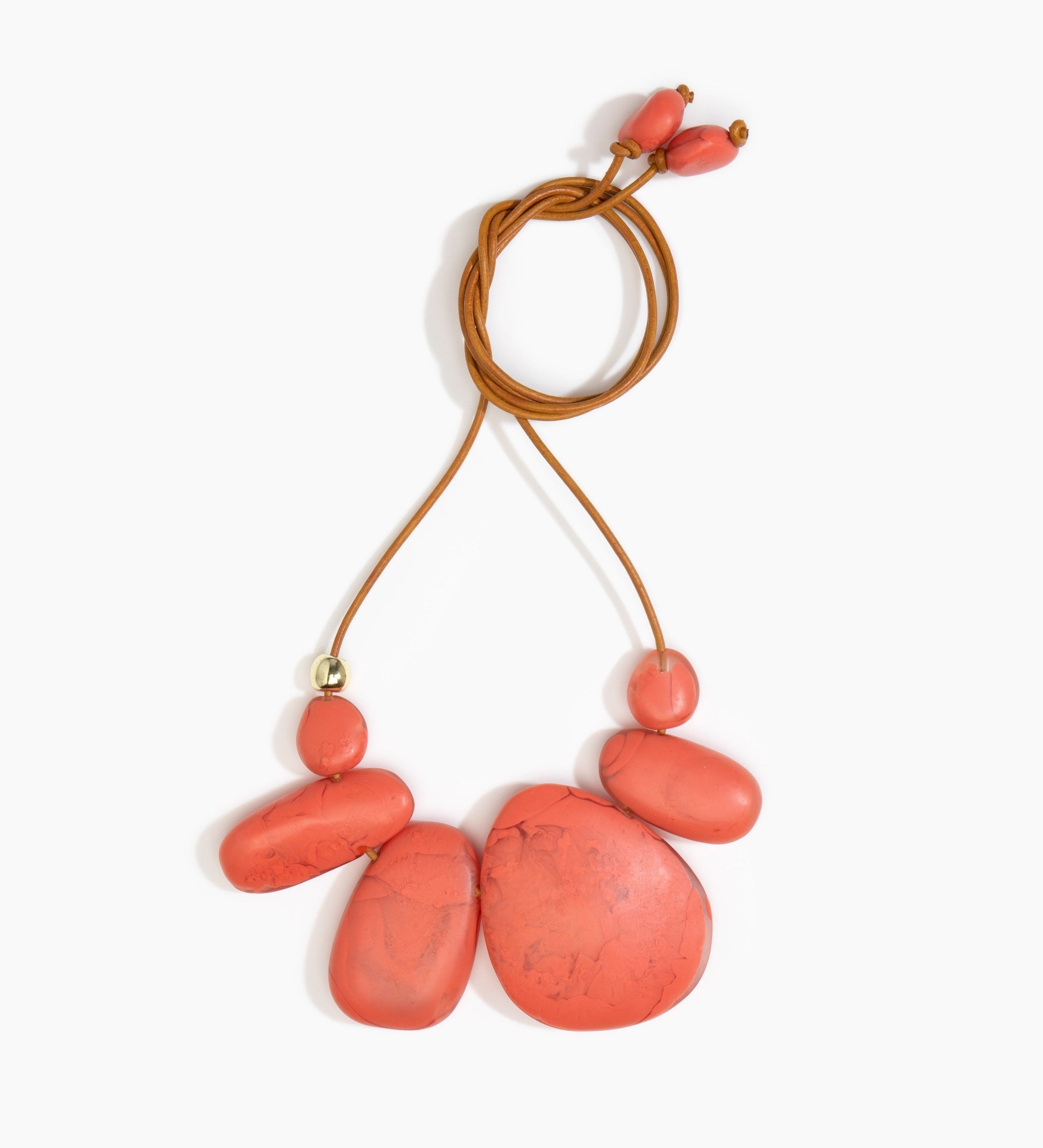 Dinosaur Designs Riverstone Choker Necklaces in Coral Swirl Colour resin with Brass Bead on Tan Leather Material