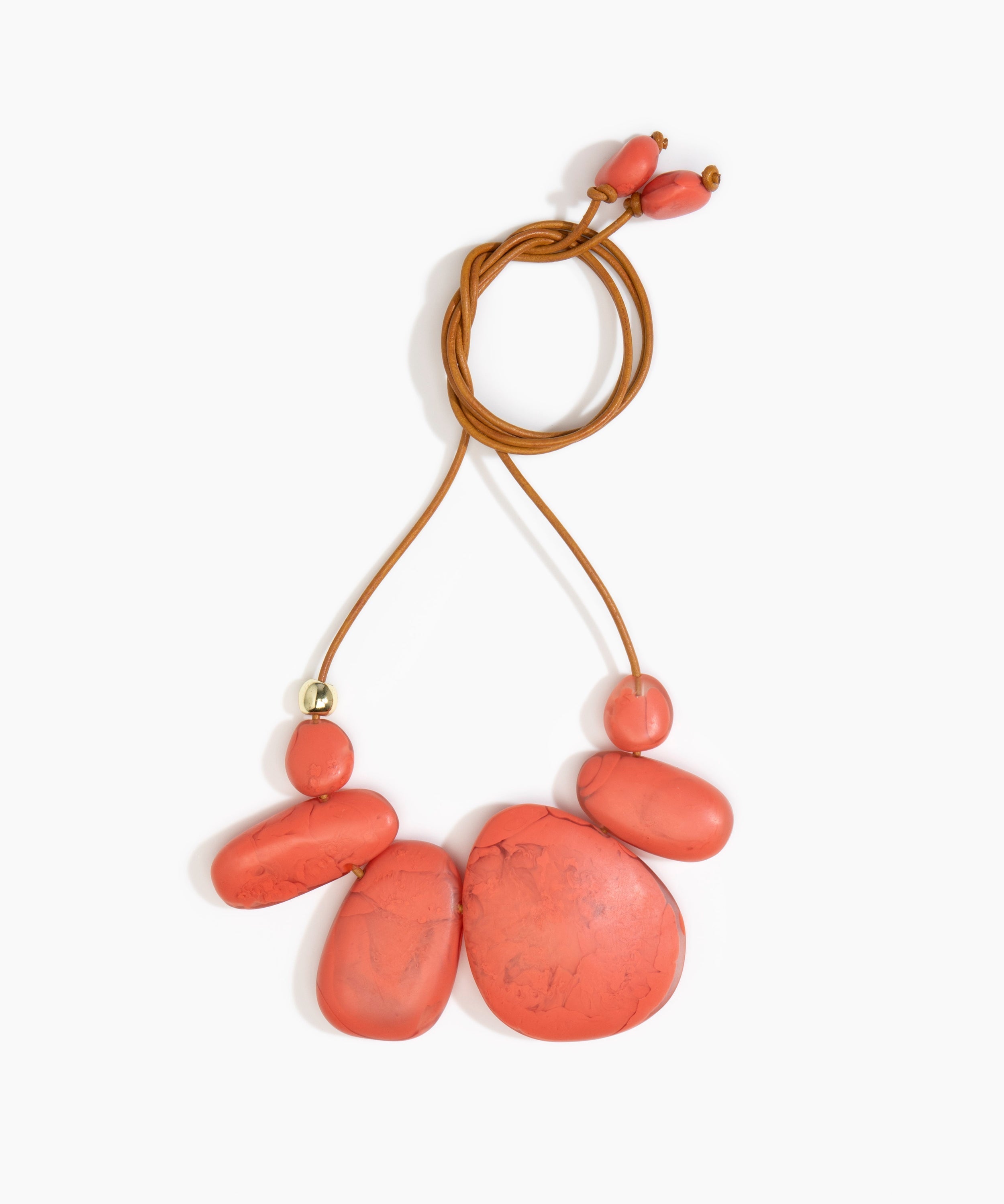 Dinosaur Designs Riverstone Choker Necklaces in Coral Swirl Colour resin with Brass Bead on Tan Leather Material