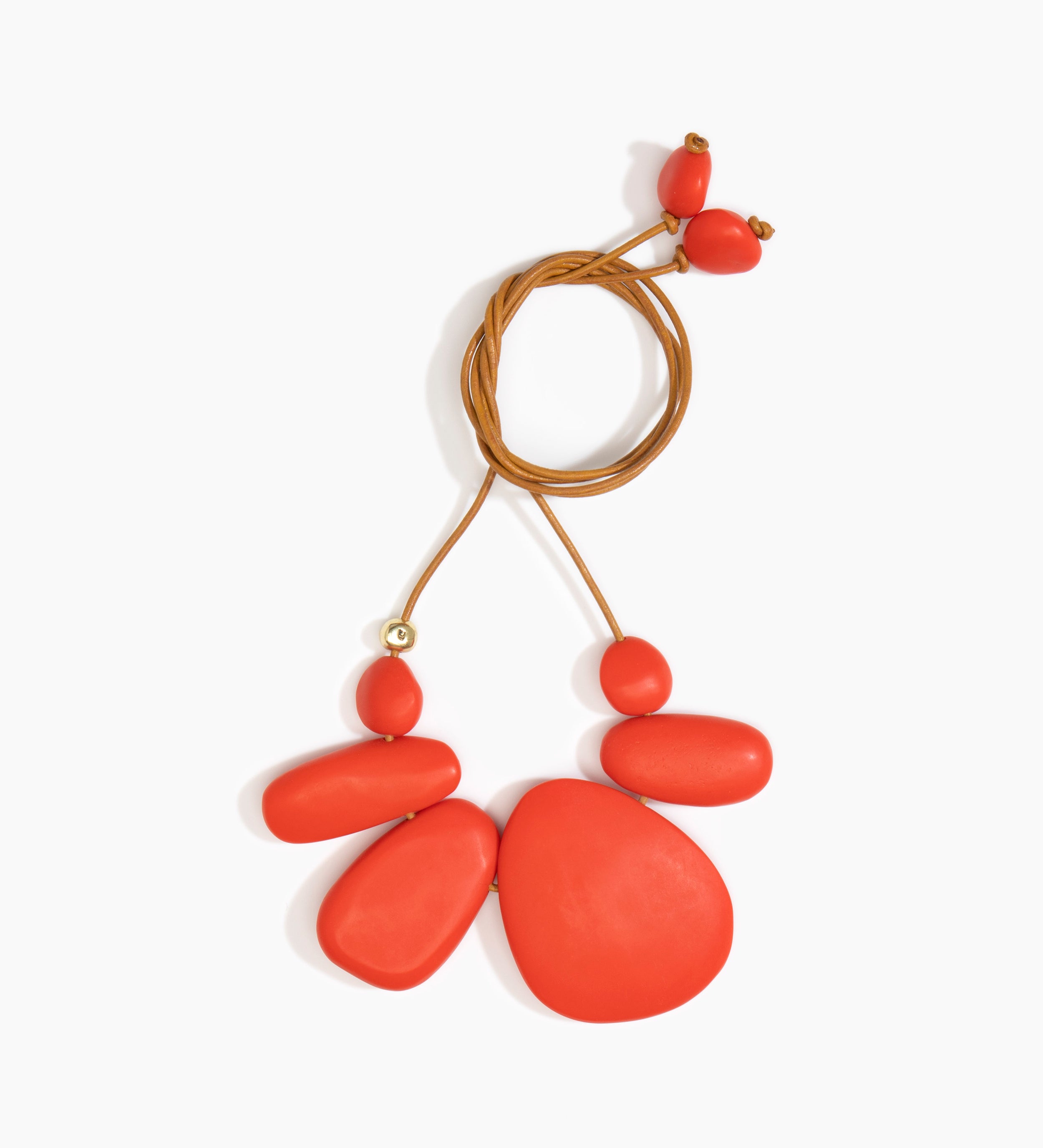 Dinosaur Designs Riverstone Choker Necklaces in Coral Pop Colour resin with Brass Bead on Tan Leather Material