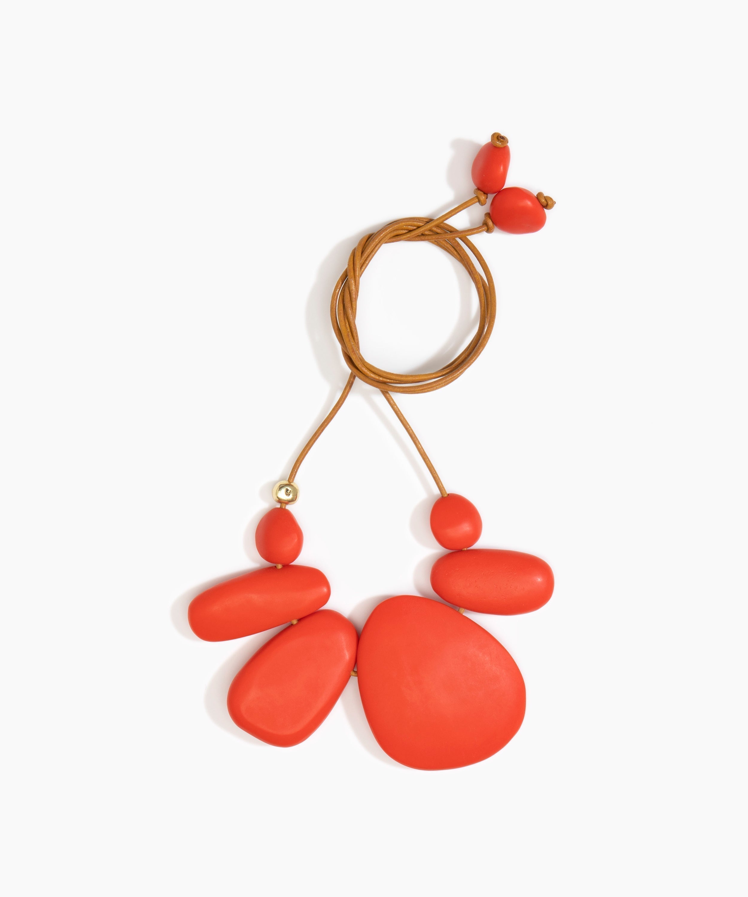 Dinosaur Designs Riverstone Choker Necklaces in Coral Pop Colour resin with Brass Bead on Tan Leather Material