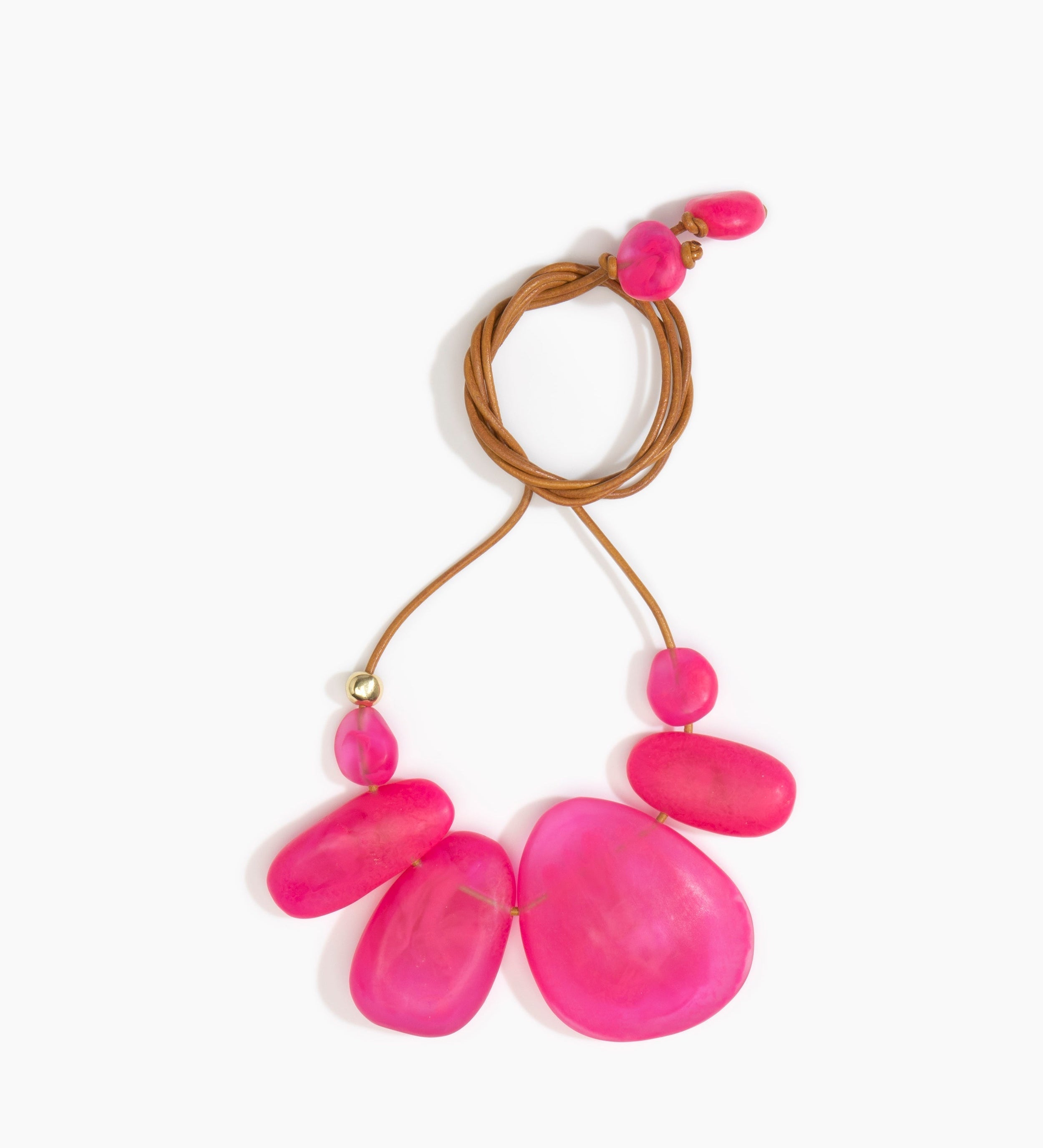 Dinosaur Designs Riverstone Choker Necklaces in Flamingo Colour resin with Brass Bead on Tan Leather Material