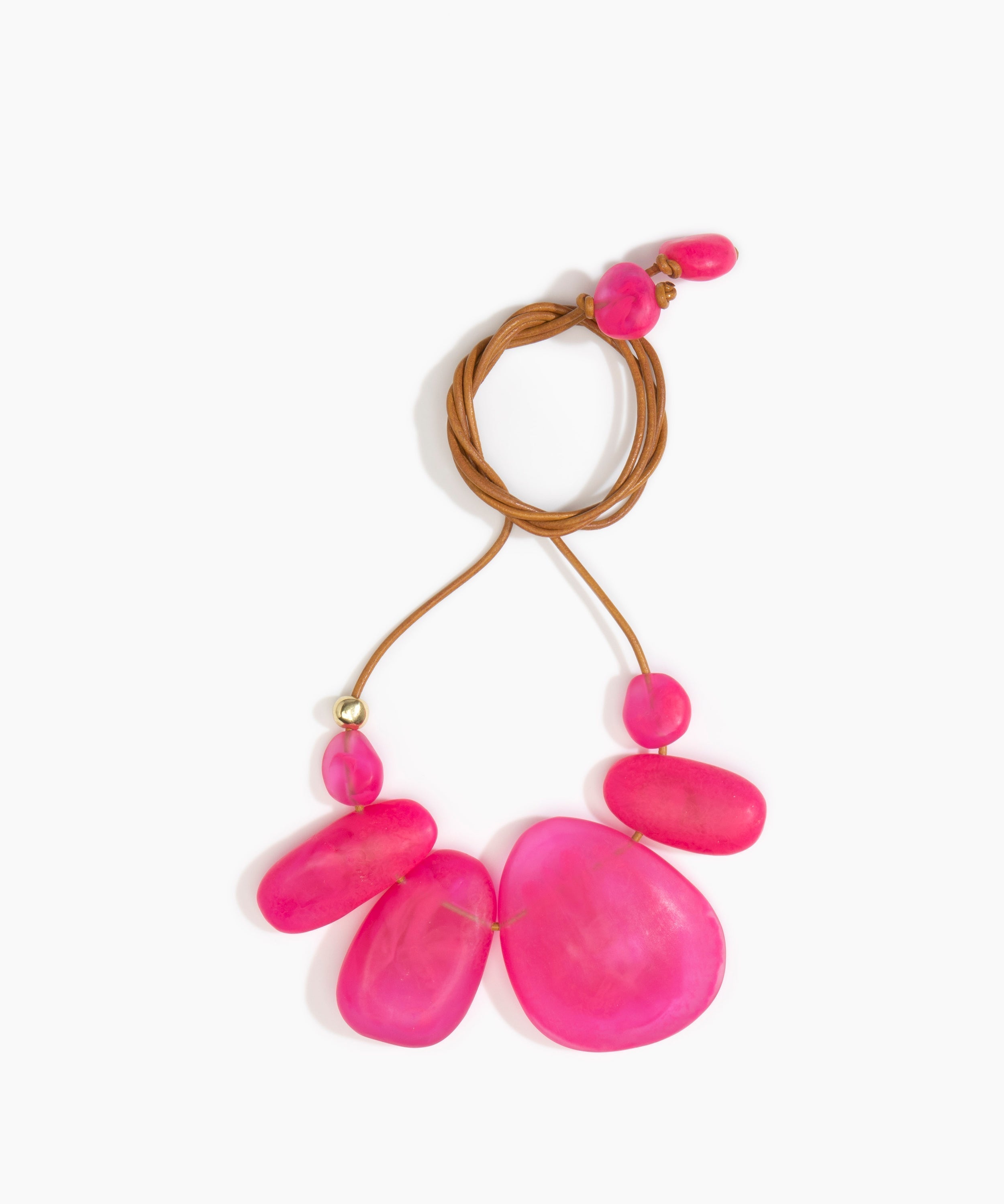 Dinosaur Designs Riverstone Choker Necklaces in Flamingo Colour resin with Brass Bead on Tan Leather Material