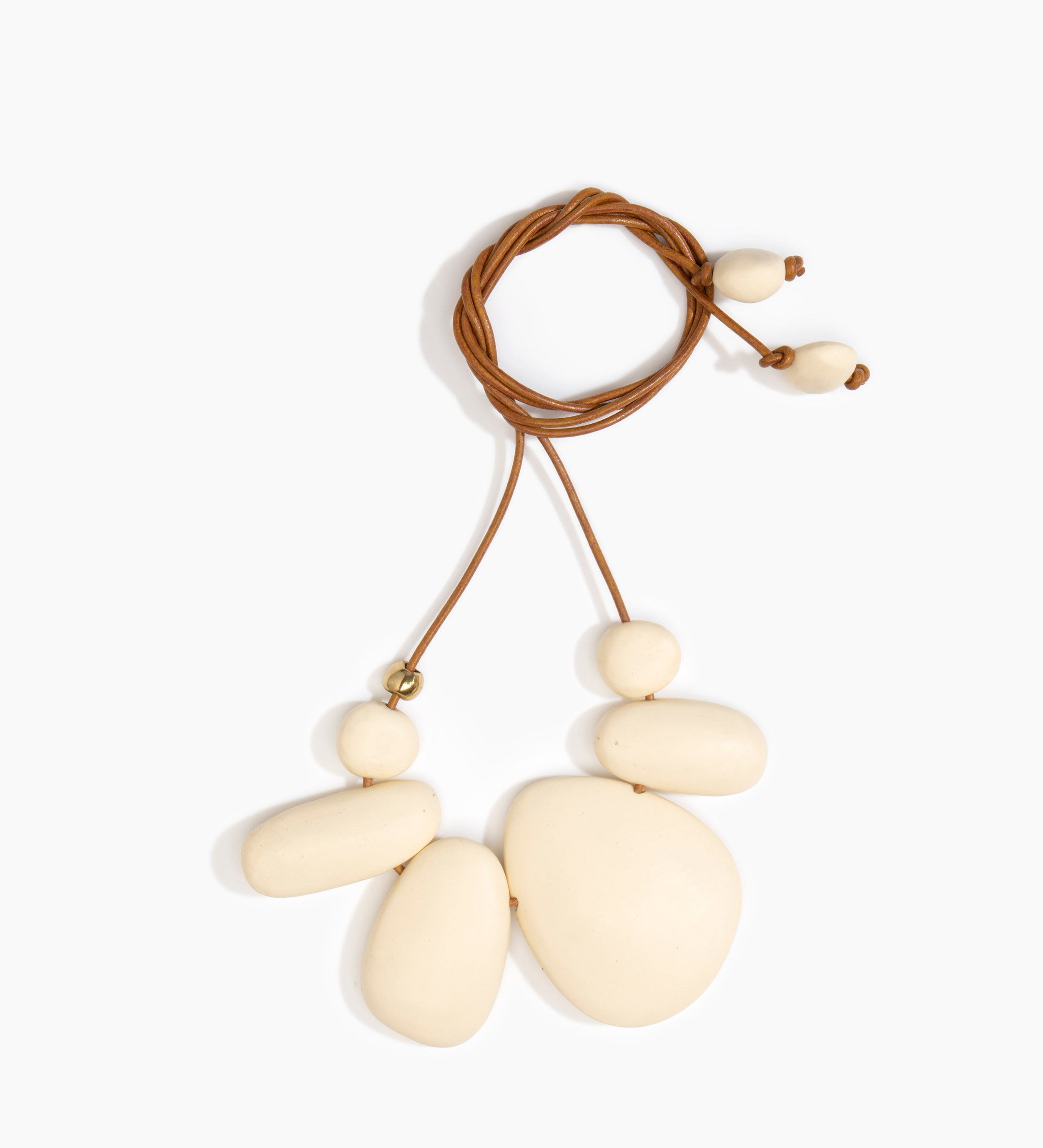 Dinosaur Designs Riverstone Choker Necklaces in Cream Colour resin with Brass Bead on Tan Leather Material