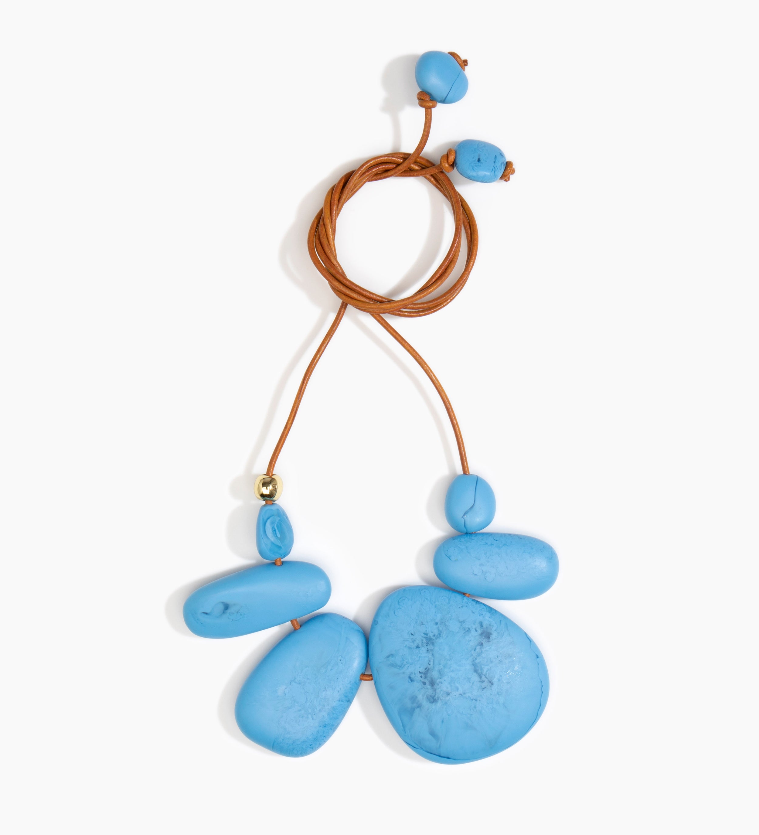 Dinosaur Designs Riverstone Choker Necklaces in Sky Colour resin with Brass Bead on Tan Leather Material