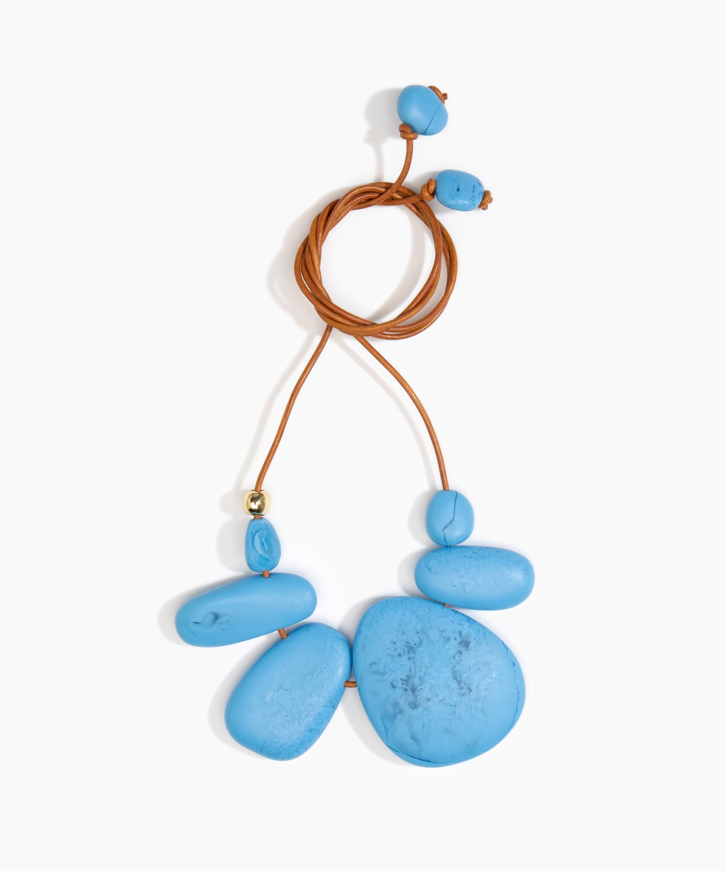 Dinosaur Designs Riverstone Choker Necklaces in Sky Colour resin with Brass Bead on Tan Leather Material