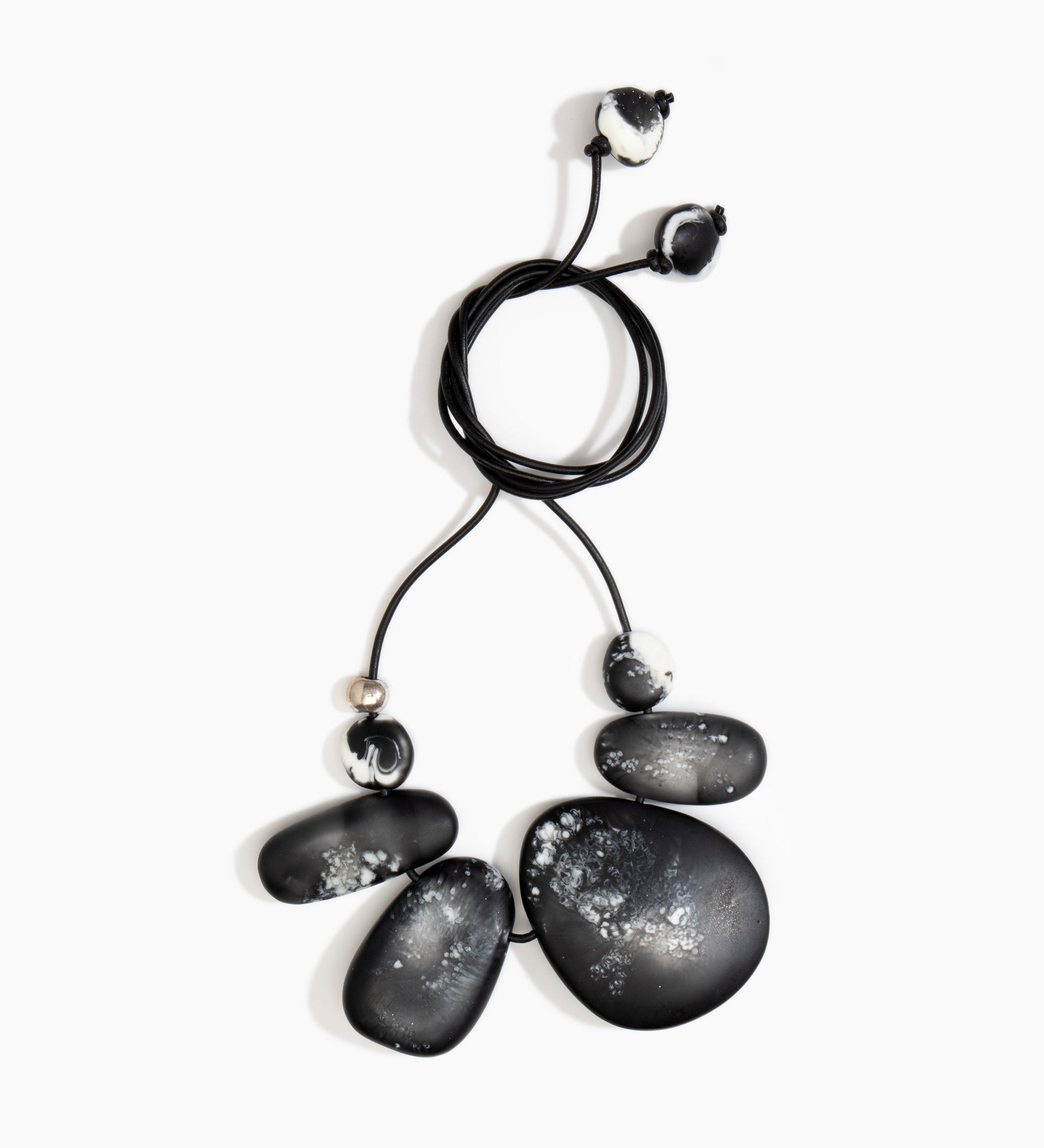 Dinosaur Designs Riverstone Choker Necklaces in Black Marble Colour resin with Silver 925 Bead on Black Leather Material