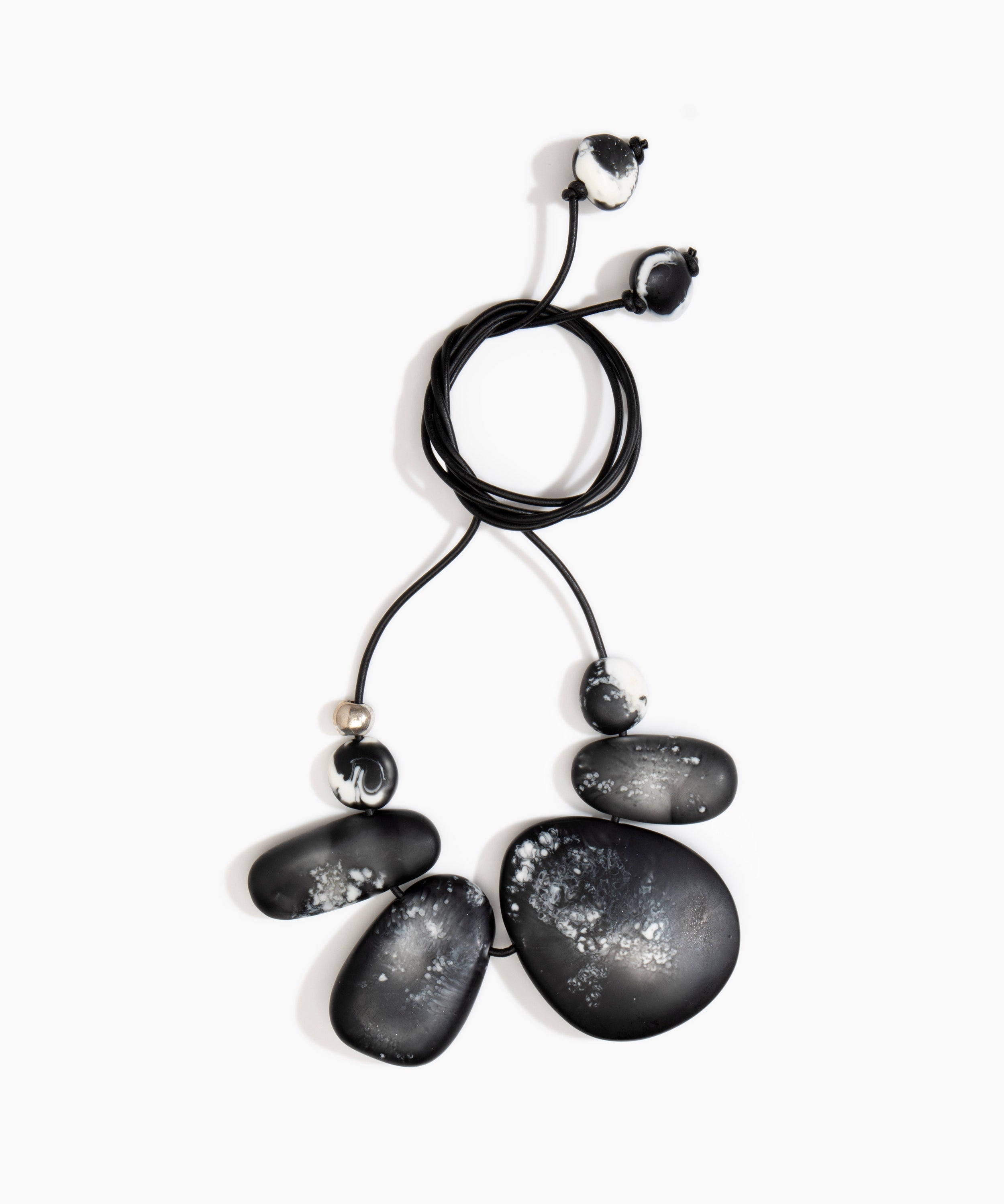 Dinosaur Designs Riverstone Choker Necklaces in Black Marble Colour resin with Silver 925 Bead on Black Leather Material