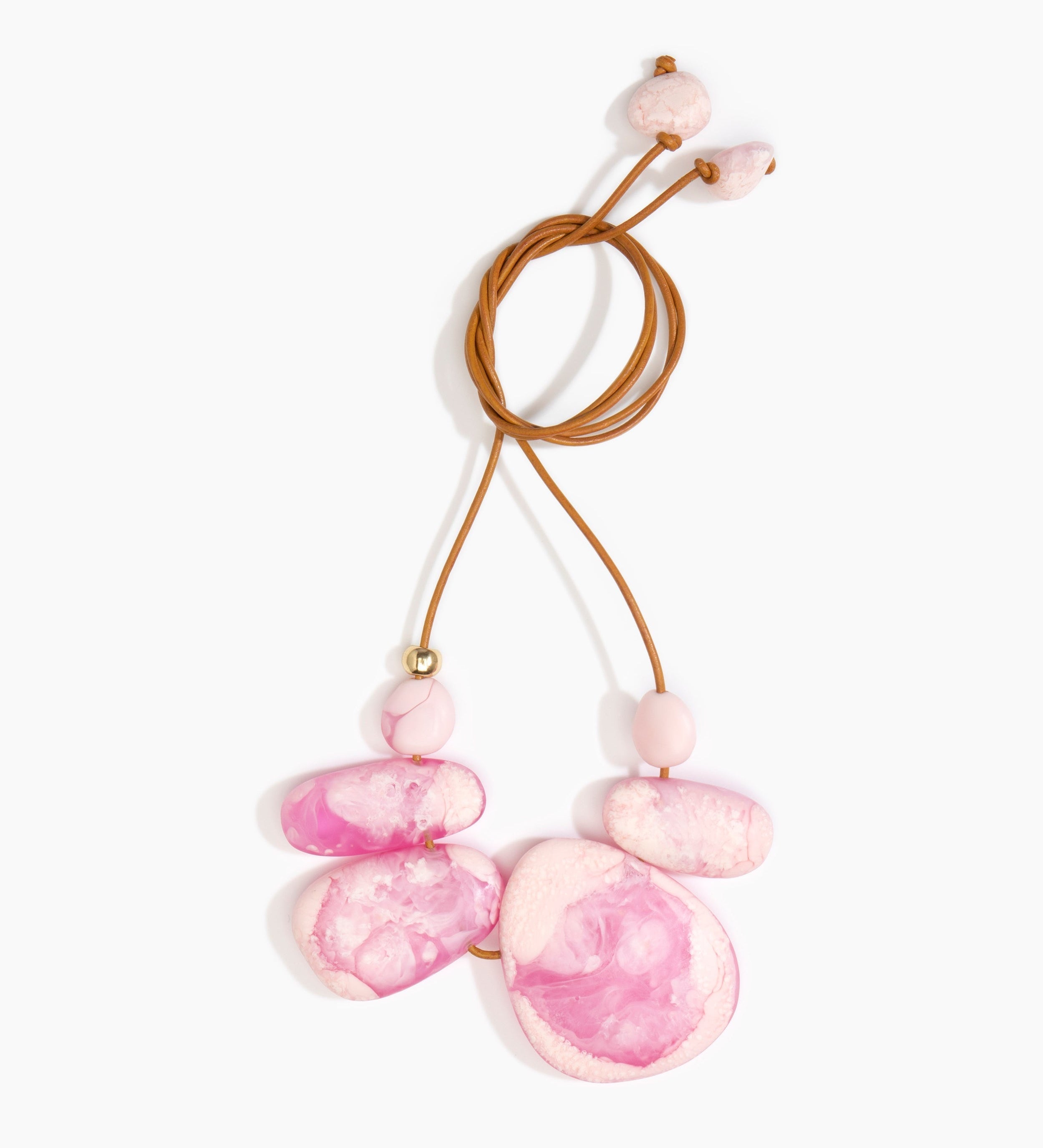 Dinosaur Designs Riverstone Choker Necklaces in Shell Pink Colour resin with Brass Bead on Tan Leather Material