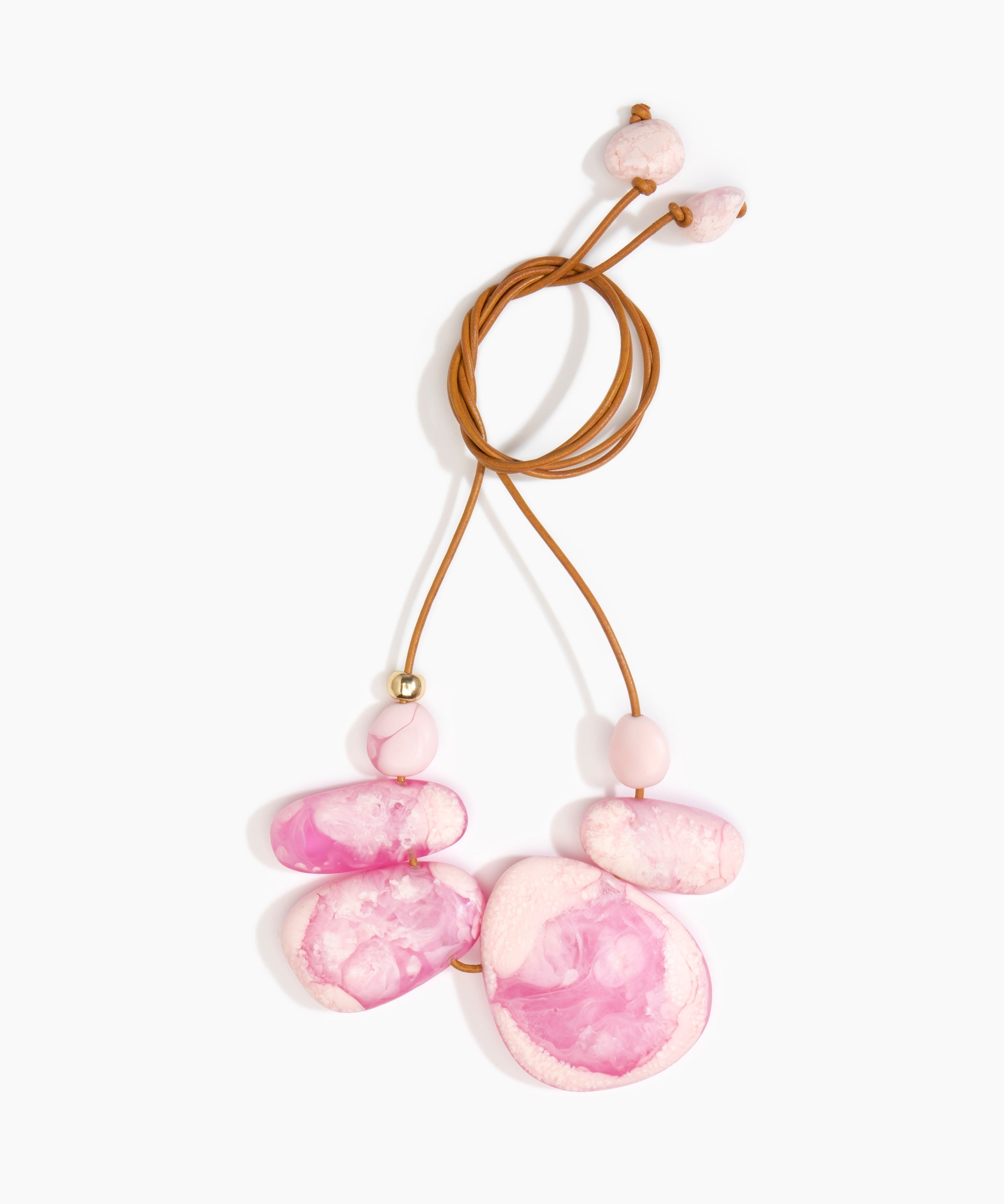 Dinosaur Designs Riverstone Choker Necklaces in Shell Pink Colour resin with Brass Bead on Tan Leather Material