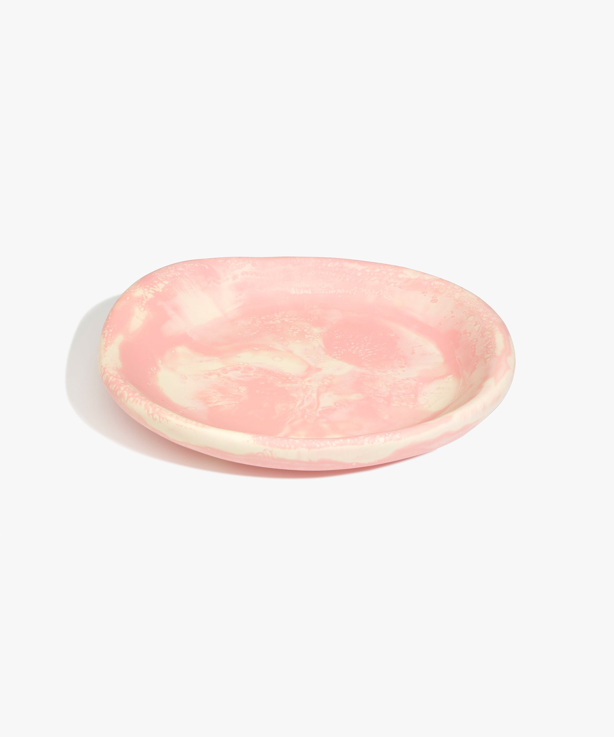 Dinosaur Designs Medium Bones Bowl in Blossom — mid sized handmade marbled pink and cream resin shallow serving bowl with a rounded organic form