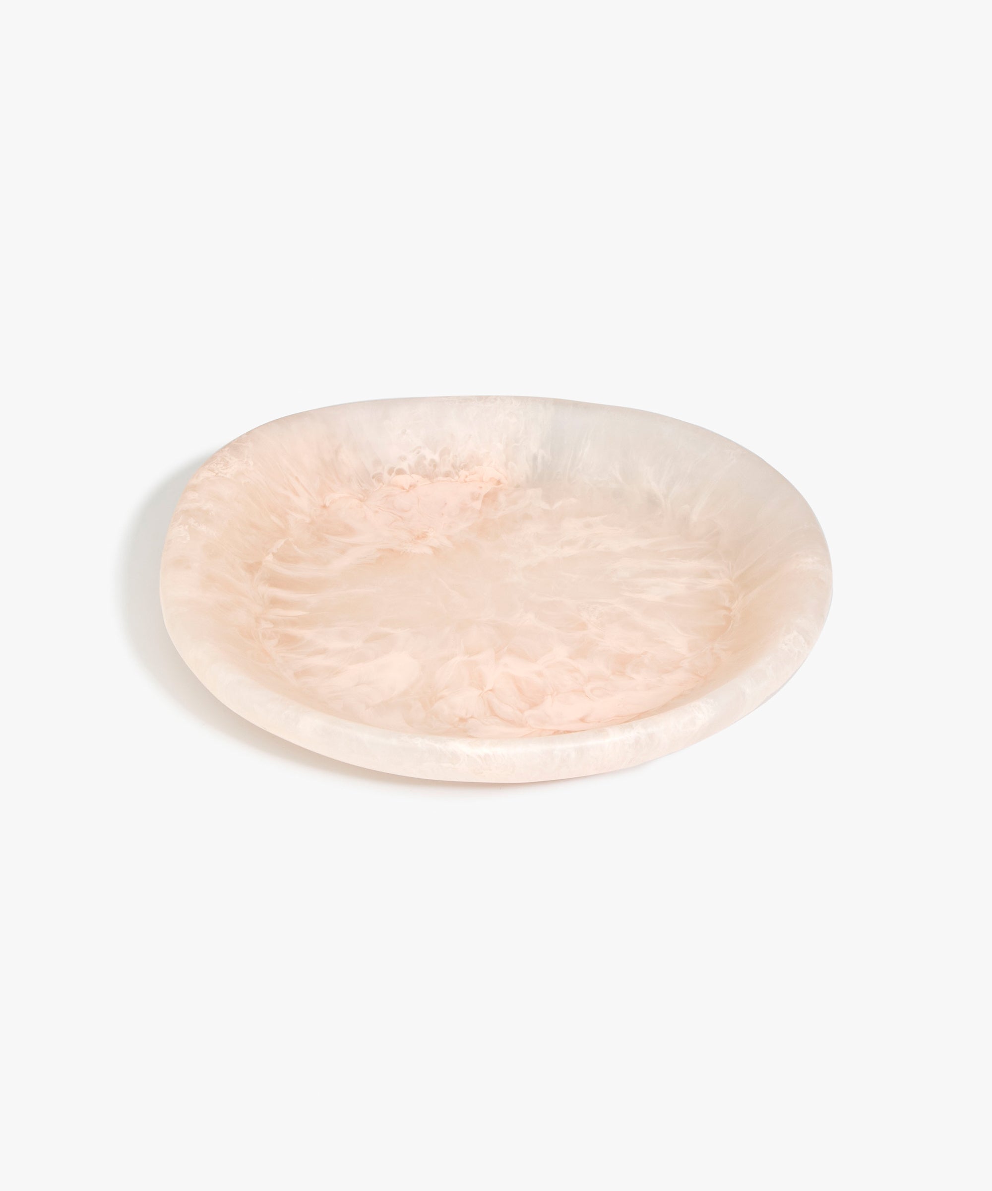 Dinosaur Designs Medium Bones Bowl in Rose Swirl — mid sized handmade pink resin shallow serving bowl with a rounded organic form..
