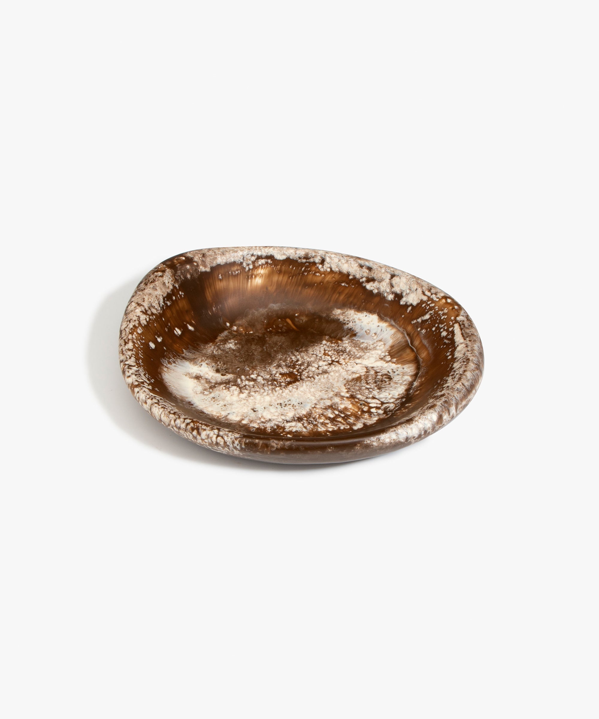 Dinosaur Designs Small Bones Bowl in Cappuccino — small handmade marbled brown and cream resin shallow serving bowl with a rounded organic form..