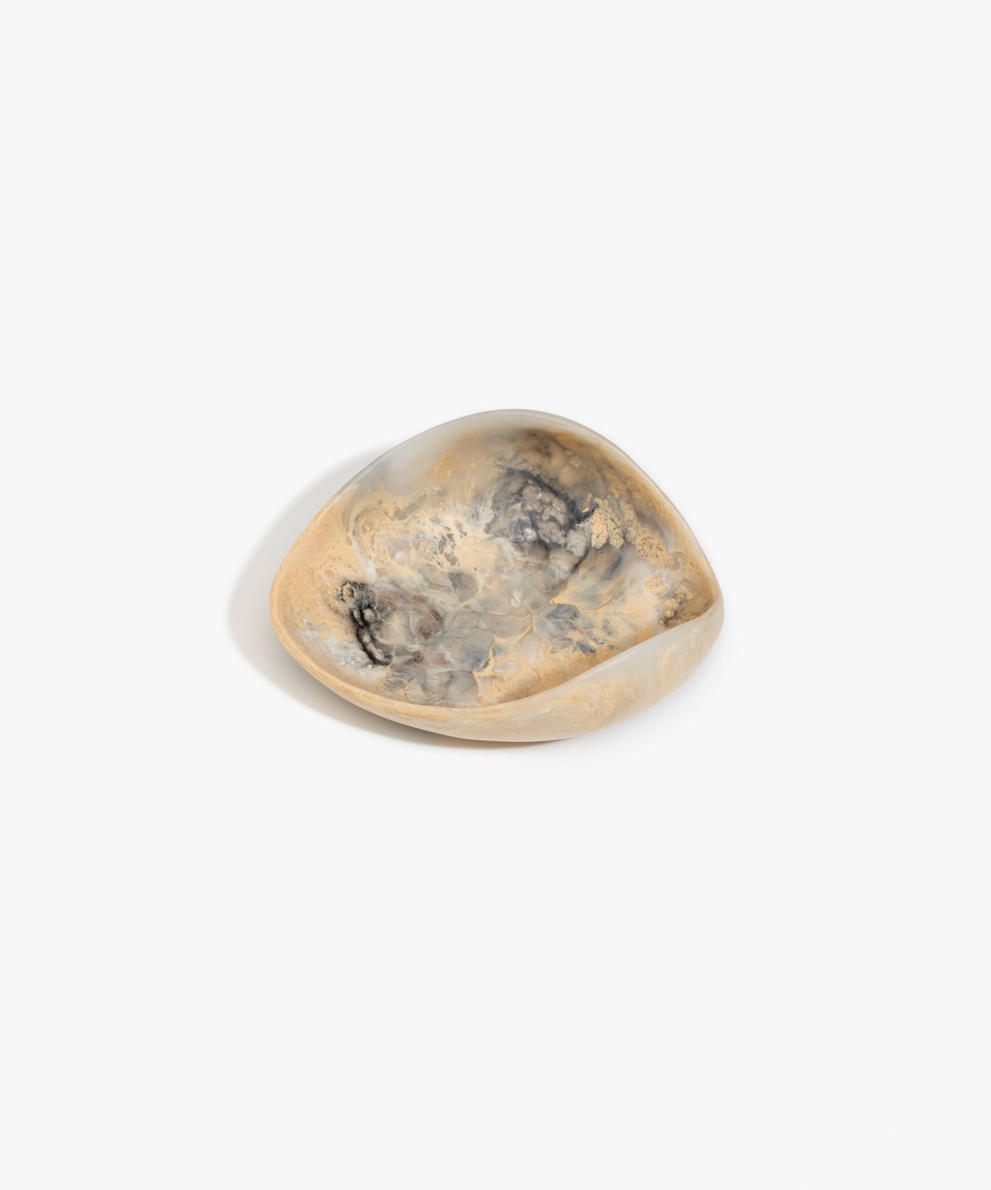Dinosaur Designs Small Leaf Bowl in Sandy Pearl — handcrafted marbled beige, grey and pearlescent resin bowl with curved organic form