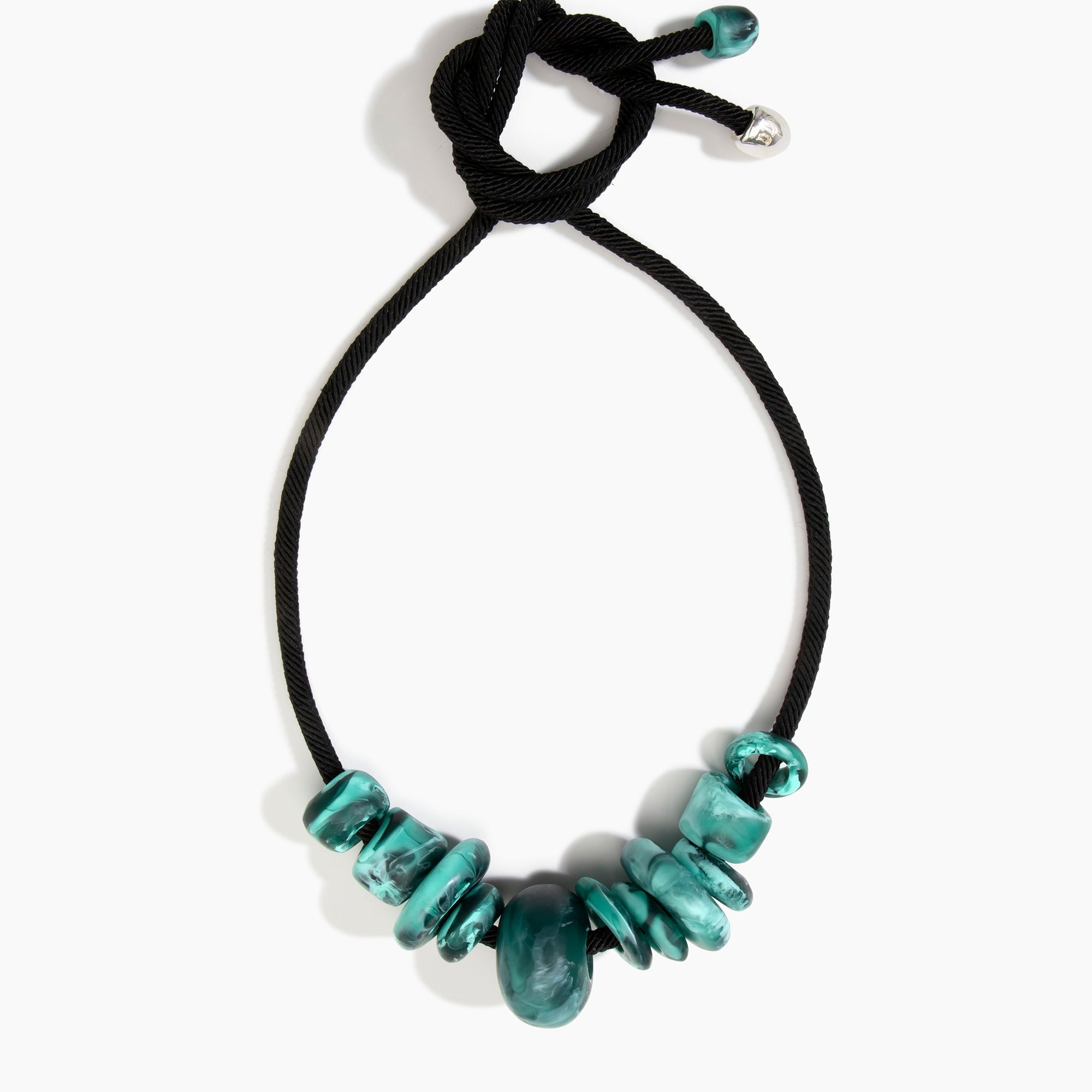 Dinosaur Designs Drift Choker in Lichen with Plated-Silver — marbled teal and black resin pebble beads on a wood silk cord with silver-plated end cap.