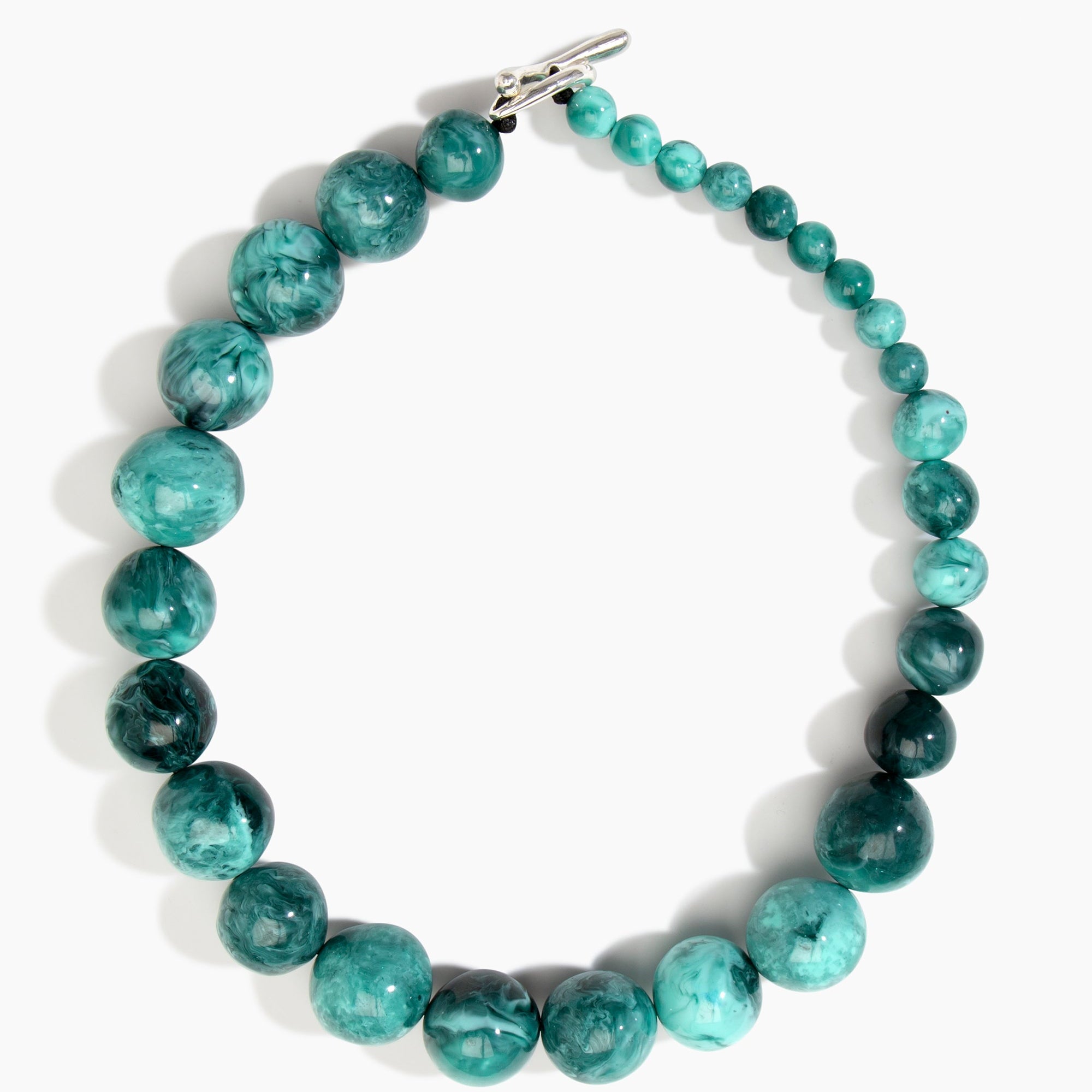 Dinosaur Designs Polished Organic Ball Necklace in Lichen — handcrafted marbled teal green and black polished resin graduating bead necklace with silver t-bar clasp...