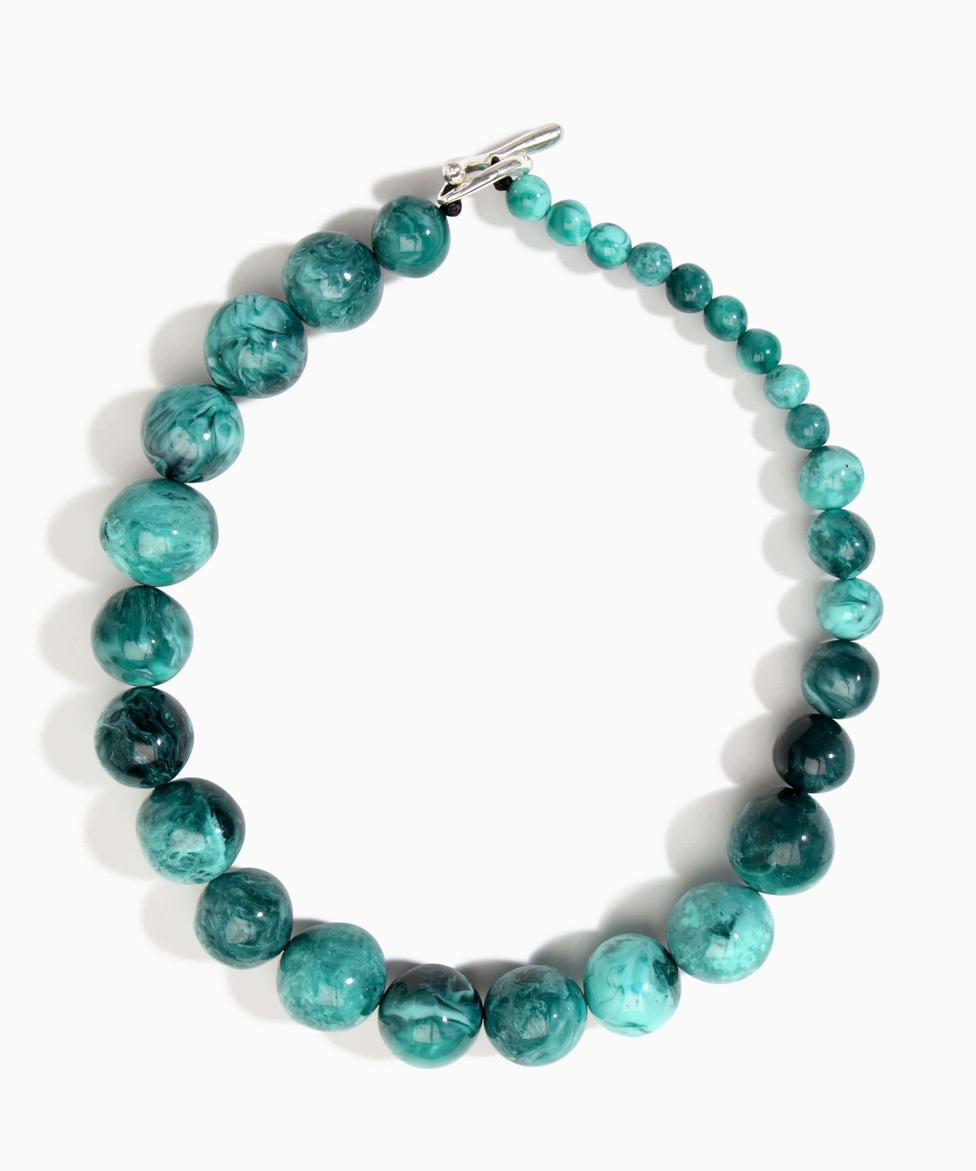 Dinosaur Designs Polished Organic Ball Necklace in Lichen — handcrafted marbled teal green and black polished resin graduating bead necklace with silver t-bar clasp.