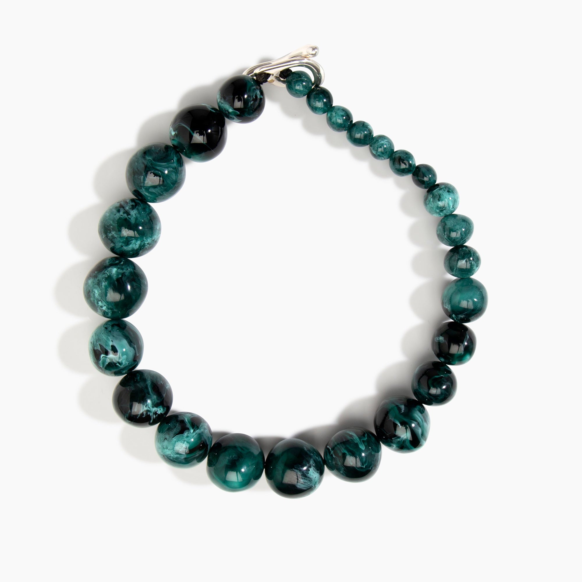 Dinosaur Designs Polished Organic Ball Choker in Lichen — handcrafted marbled teal green and black polished resin graduating bead choker necklace with silver t-bar clasp...