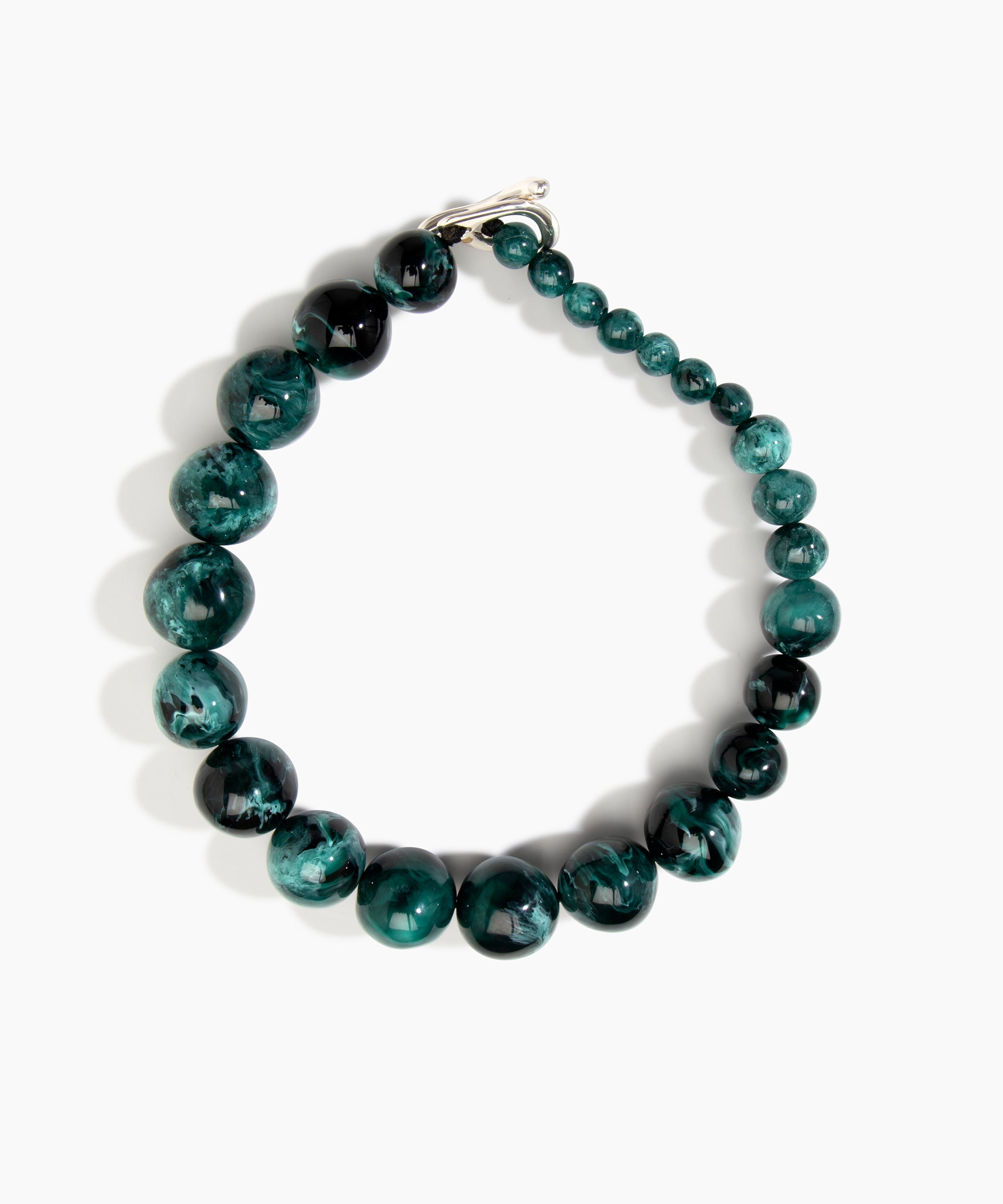 Dinosaur Designs Polished Organic Ball Choker in Lichen — handcrafted marbled teal green and black polished resin graduating bead choker necklace with silver t-bar clasp.