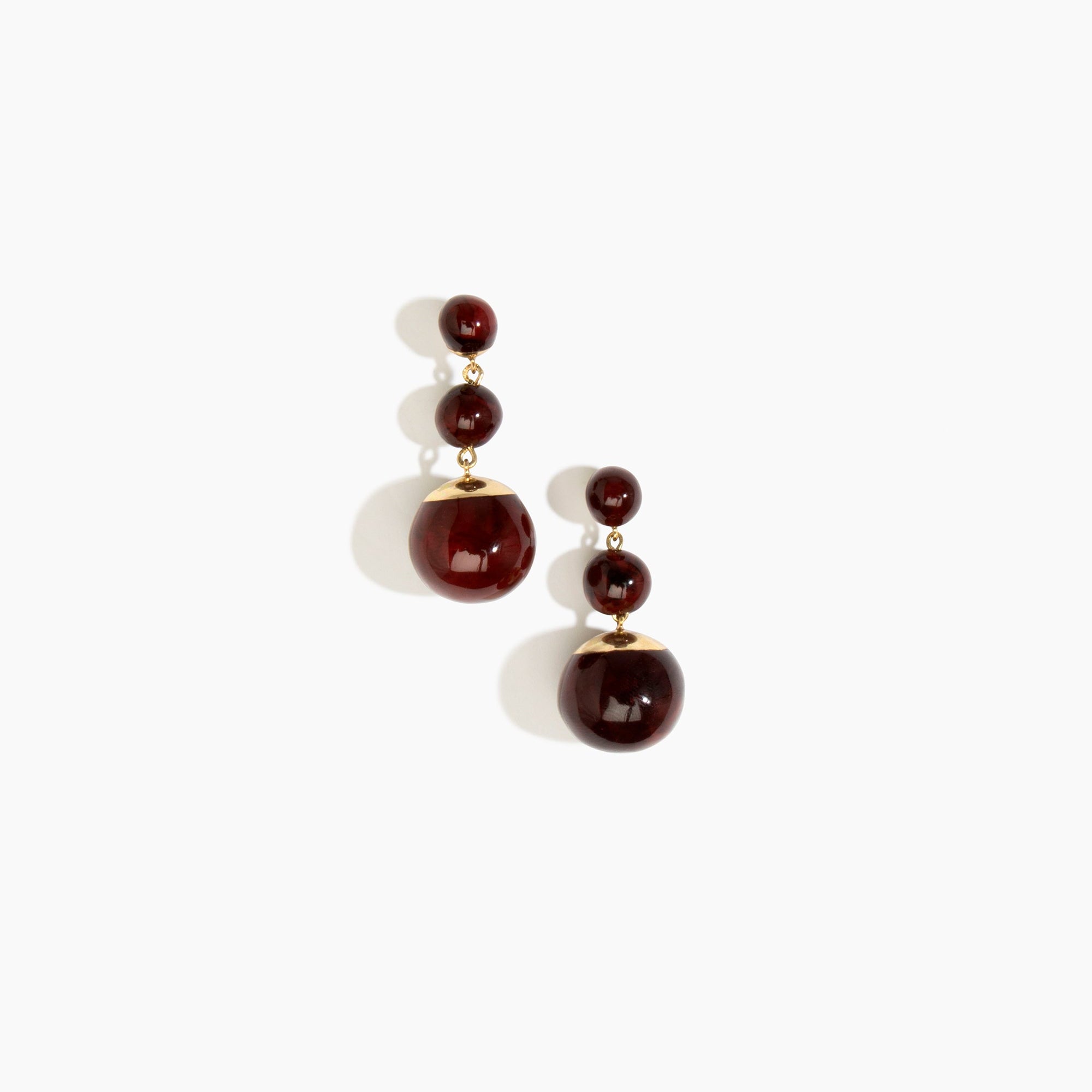 Dinosaur Designs Full Moon Drop Earrings in Crimson with Brass — marbled scarlet red resin graduating bead drop earrings with brass fittings..