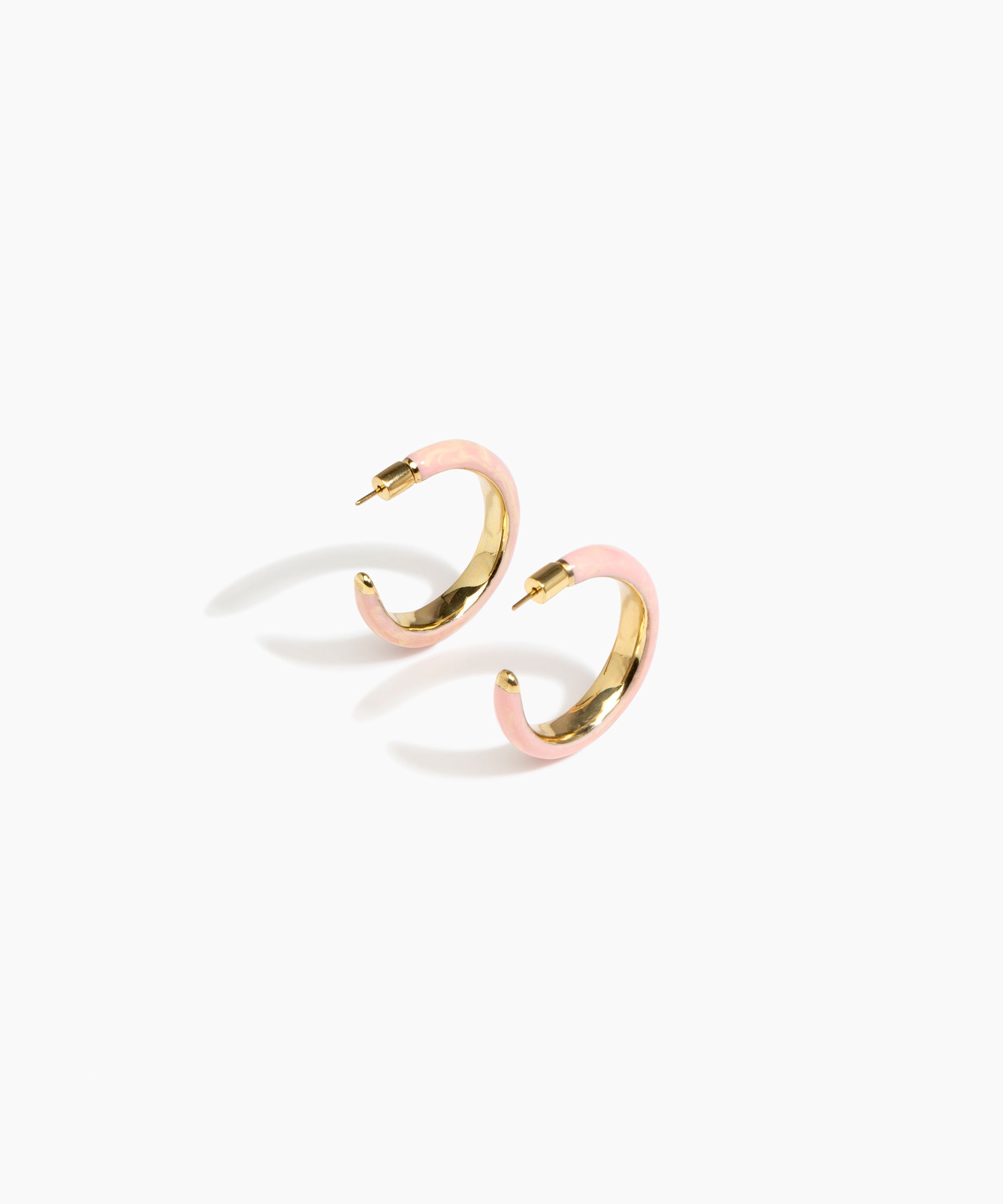 Dinosaur Designs Large Pebble Duo Hoop Earrings in Blossom — marbled pink and cream resin hoop earrings with polished brass inner face and stud fastening