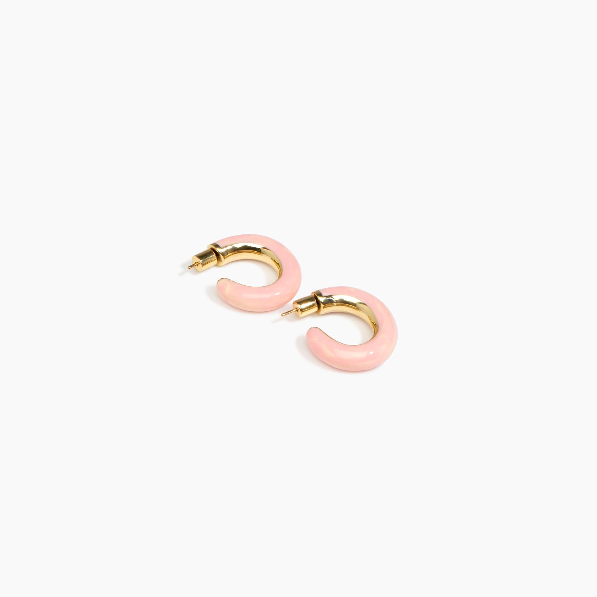 Dinosaur Designs Medium Pebble Duo Hoop Earrings in Blossom — marbled pink and cream resin hoop earrings with polished brass inner face and stud fastening.