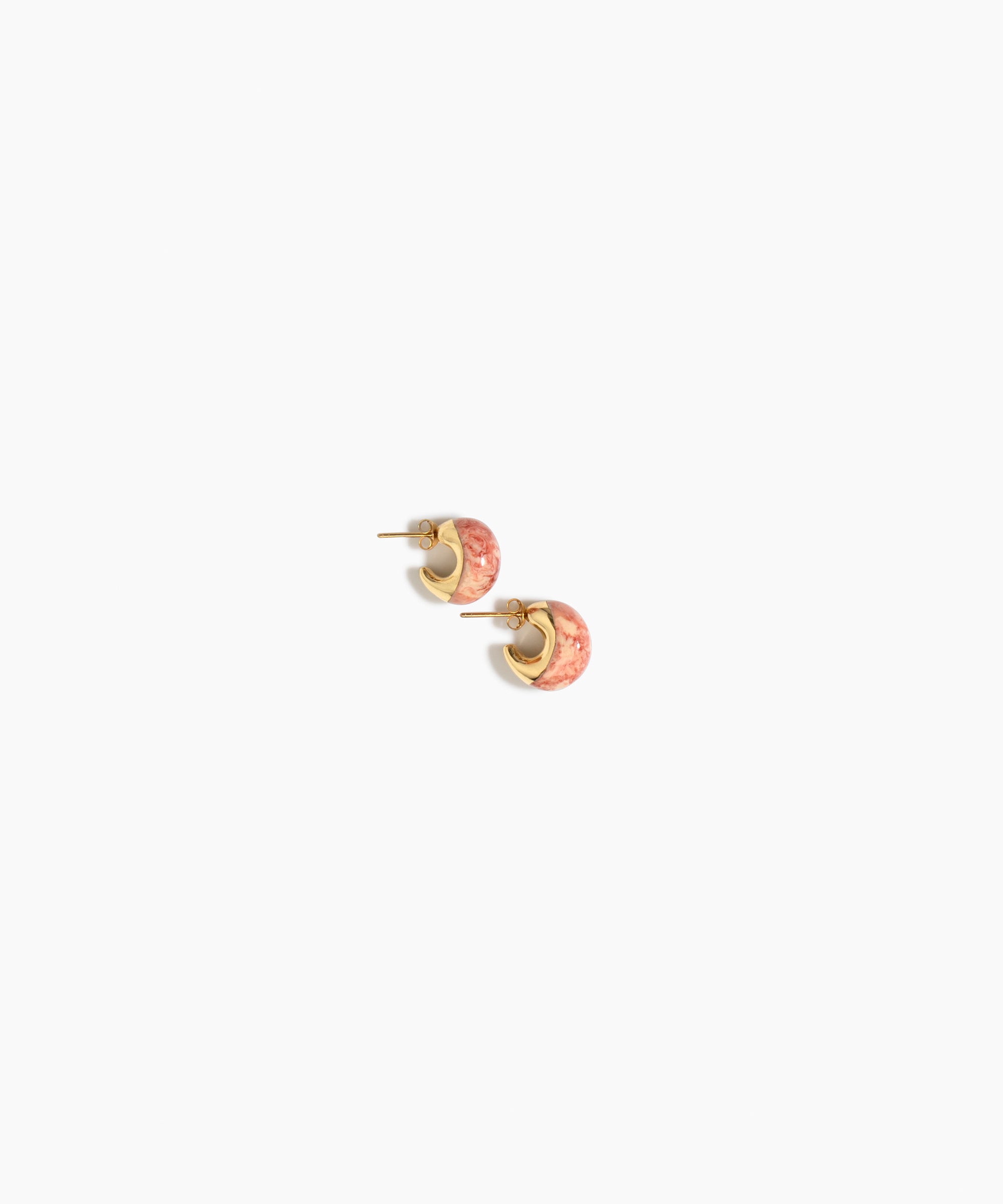 Dinosaur Designs Crescent Stud Earrings in Rust colour with Brass hardware — marbled red-brown and cream resin dome stud earrings with brass crescent setting.