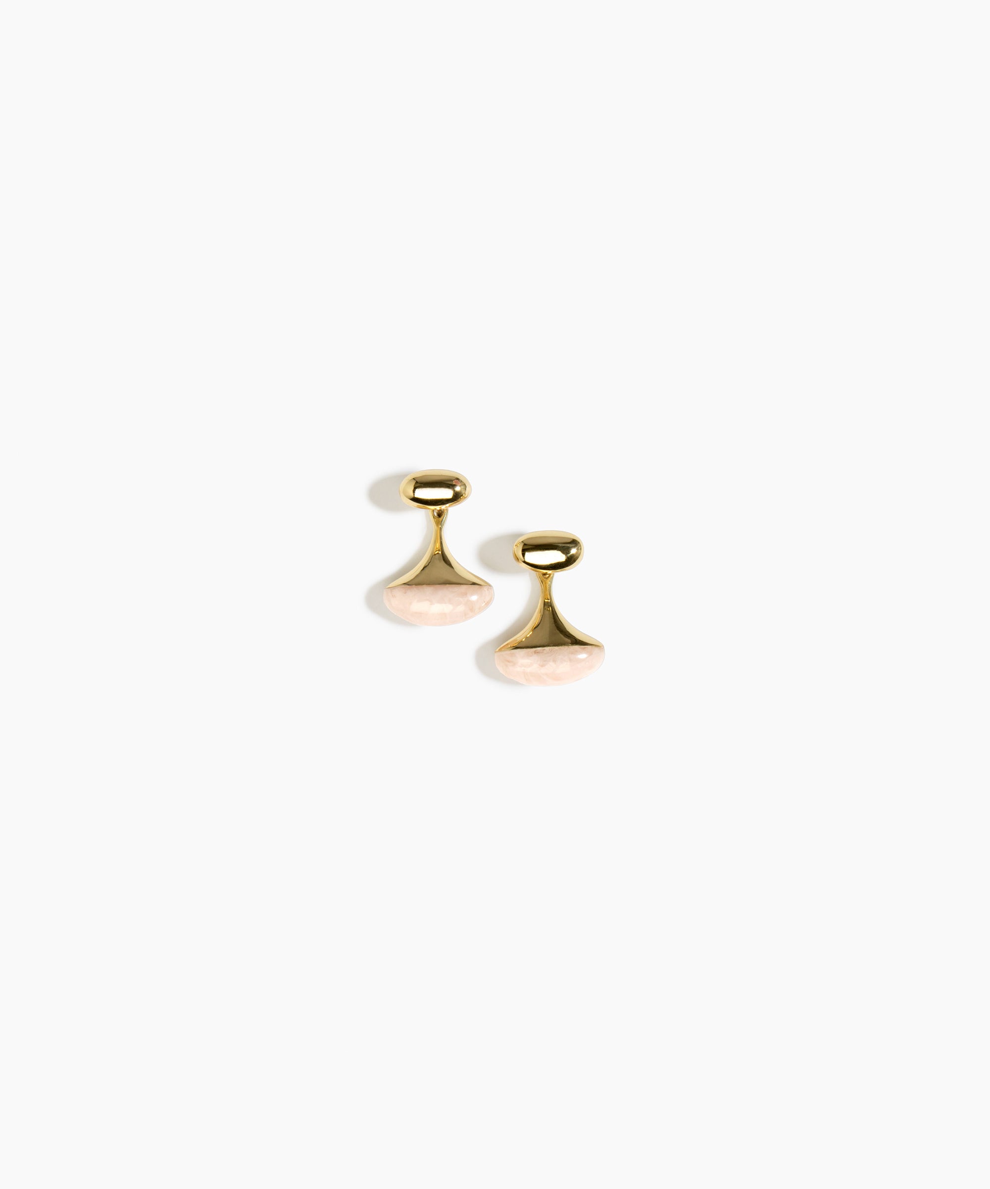 Dinosaur Designs Polished Lotus Drop Earrings in Rose Swirl with Brass — marbled dusty pink resin half-dome drop earrings with polished brass tapered stem and oval pebble stud