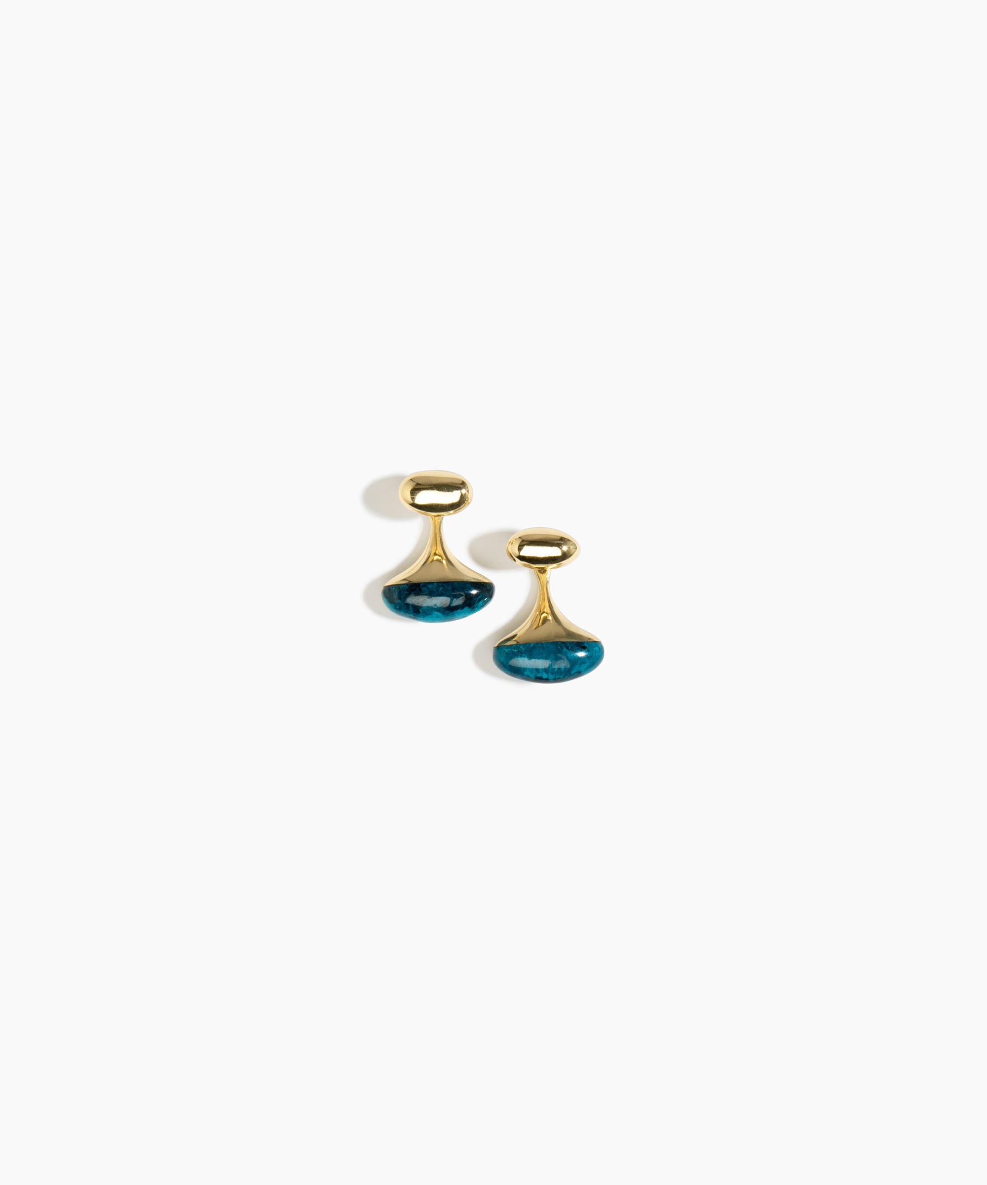 Dinosaur Designs Polished Lotus Drop Earrings in Turquoise with Brass — marbled teal blue resin half-dome drop earrings with polished brass tapered stem and oval pebble stud