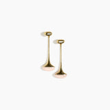 Dinosaur Designs Long Polished Lotus Earrings in Rose Swirl with Brass — marbled dusty pink resin half-dome drop earrings with elongated polished brass stem and oval pebble stud