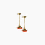 Dinosaur Designs Long Polished Lotus Earrings in Rust with Brass — marbled brown-red and cream resin half-dome drop earrings with elongated polished brass stem and oval pebble stud
