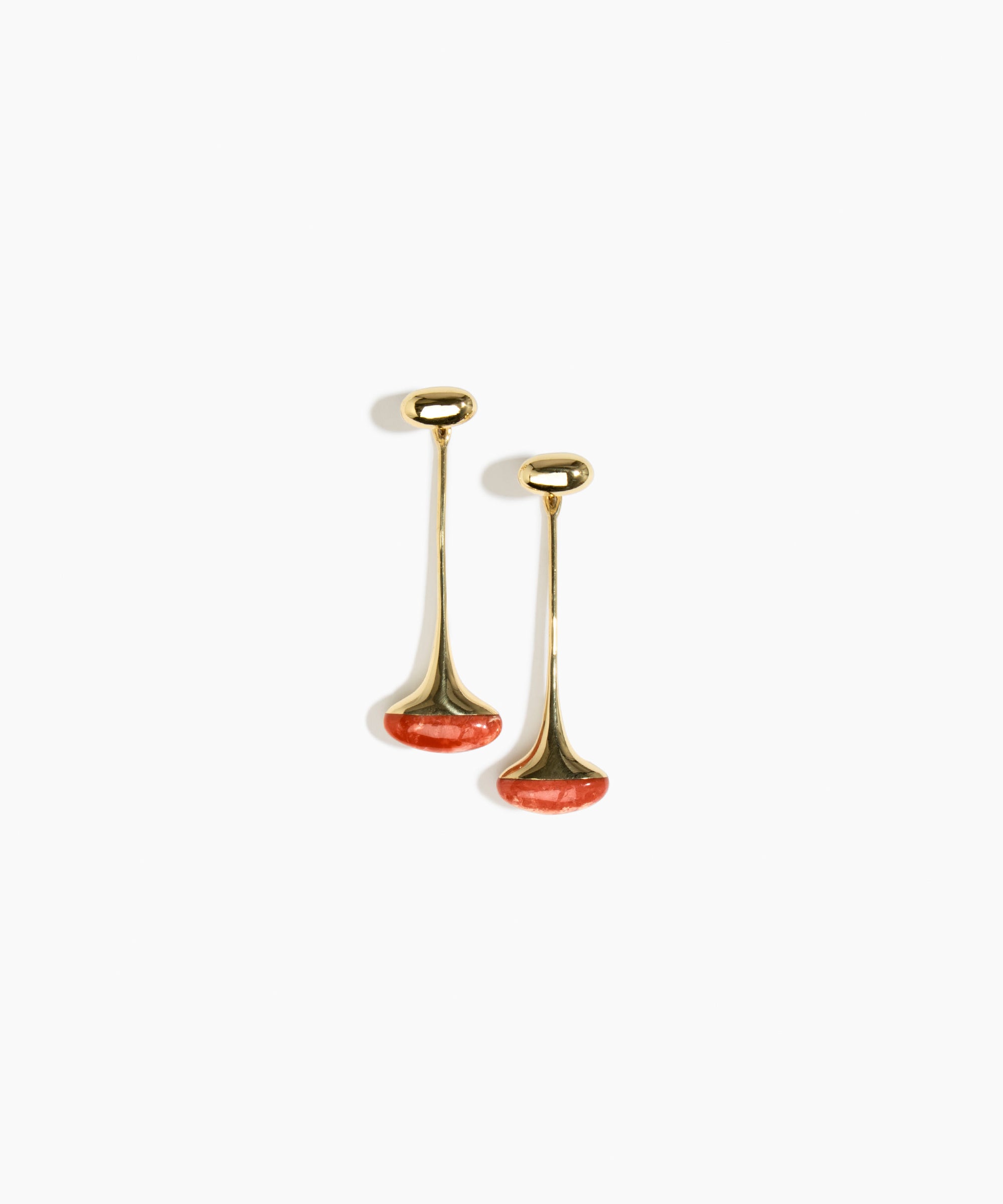 Dinosaur Designs Long Polished Lotus Earrings in Rust with Brass — marbled brown-red and cream resin half-dome drop earrings with elongated polished brass stem and oval pebble stud