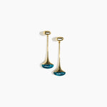 Dinosaur Designs Long Polished Lotus Earrings in Turquoise with Brass — marbled teal blue resin half-dome drop earrings with elongated polished brass stem and oval pebble stud