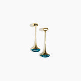 Dinosaur Designs Long Polished Lotus Earrings in Turquoise with Brass — marbled teal blue resin half-dome drop earrings with elongated polished brass stem and oval pebble stud