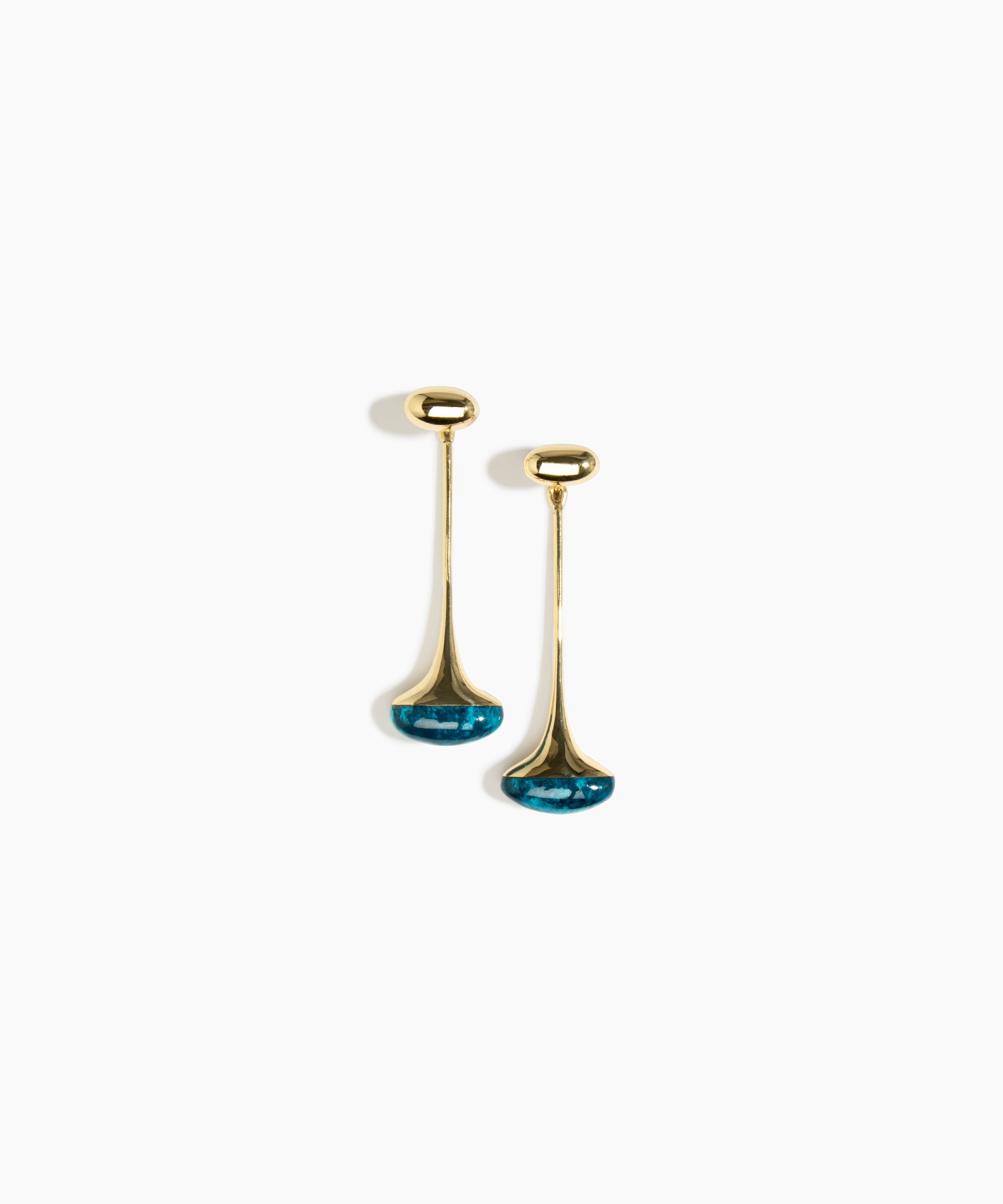 Dinosaur Designs Long Polished Lotus Earrings in Turquoise with Brass — marbled teal blue resin half-dome drop earrings with elongated polished brass stem and oval pebble stud
