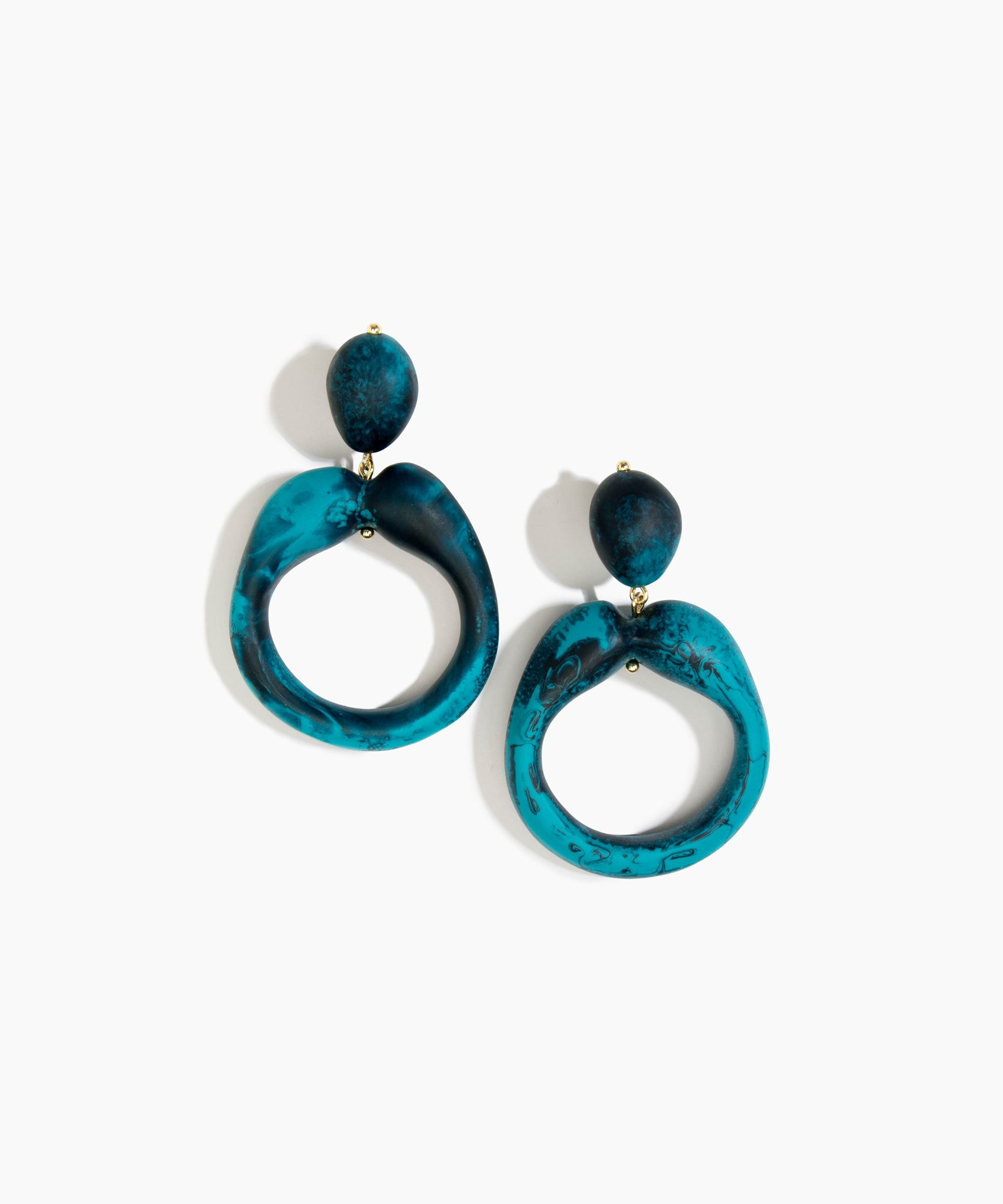 Dinosaur Designs Sprout Hoop Earrings in Turquoise colour — marbled teal blue resin oversized irregular hoop drop earrings with small oval resin stud top and gold-plated hardware