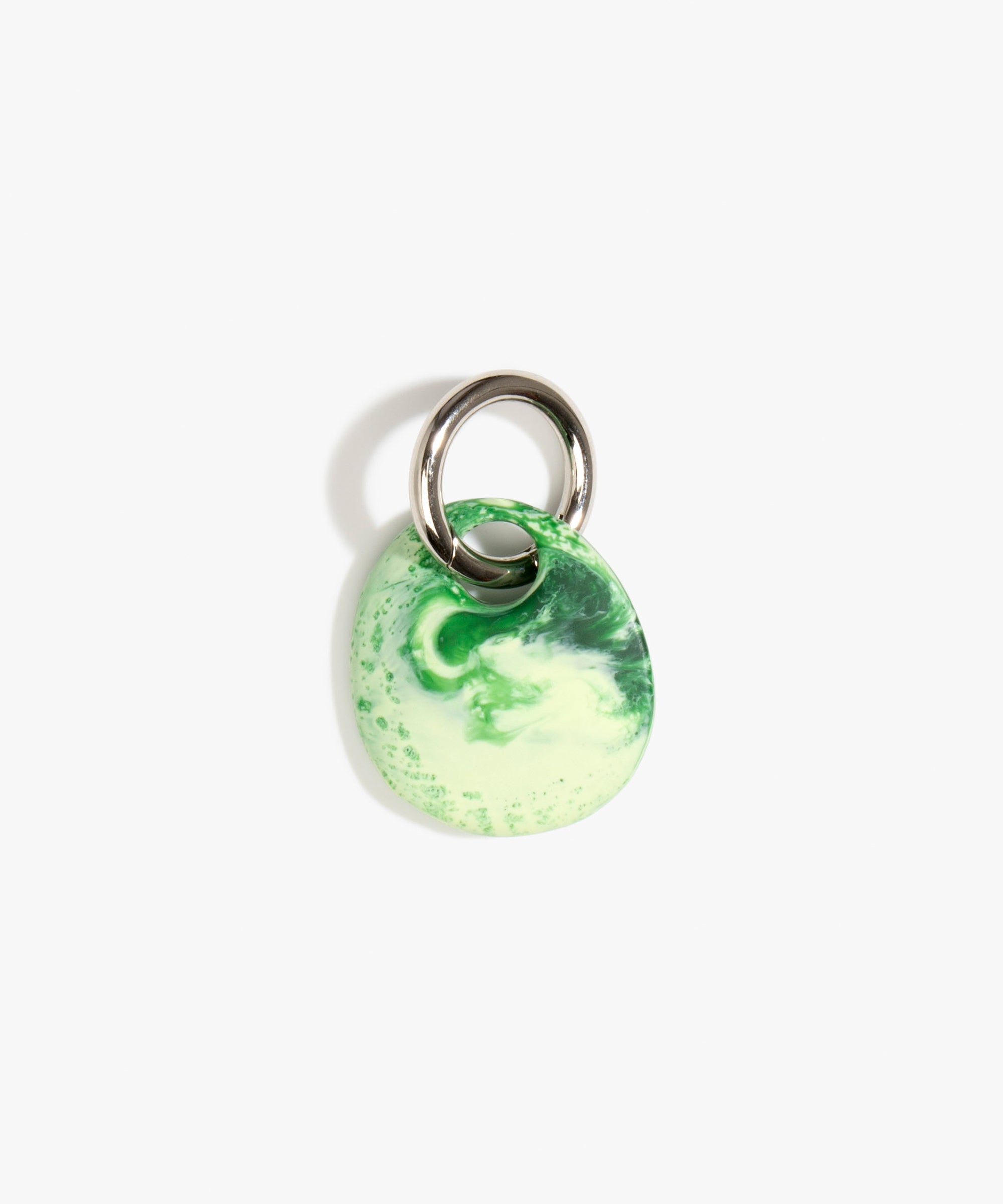 Dinosaur Designs Earth Keyring in Grass — handcrafted marbled light and dark green resin pebble bead on a polished gunmetal jump ring..